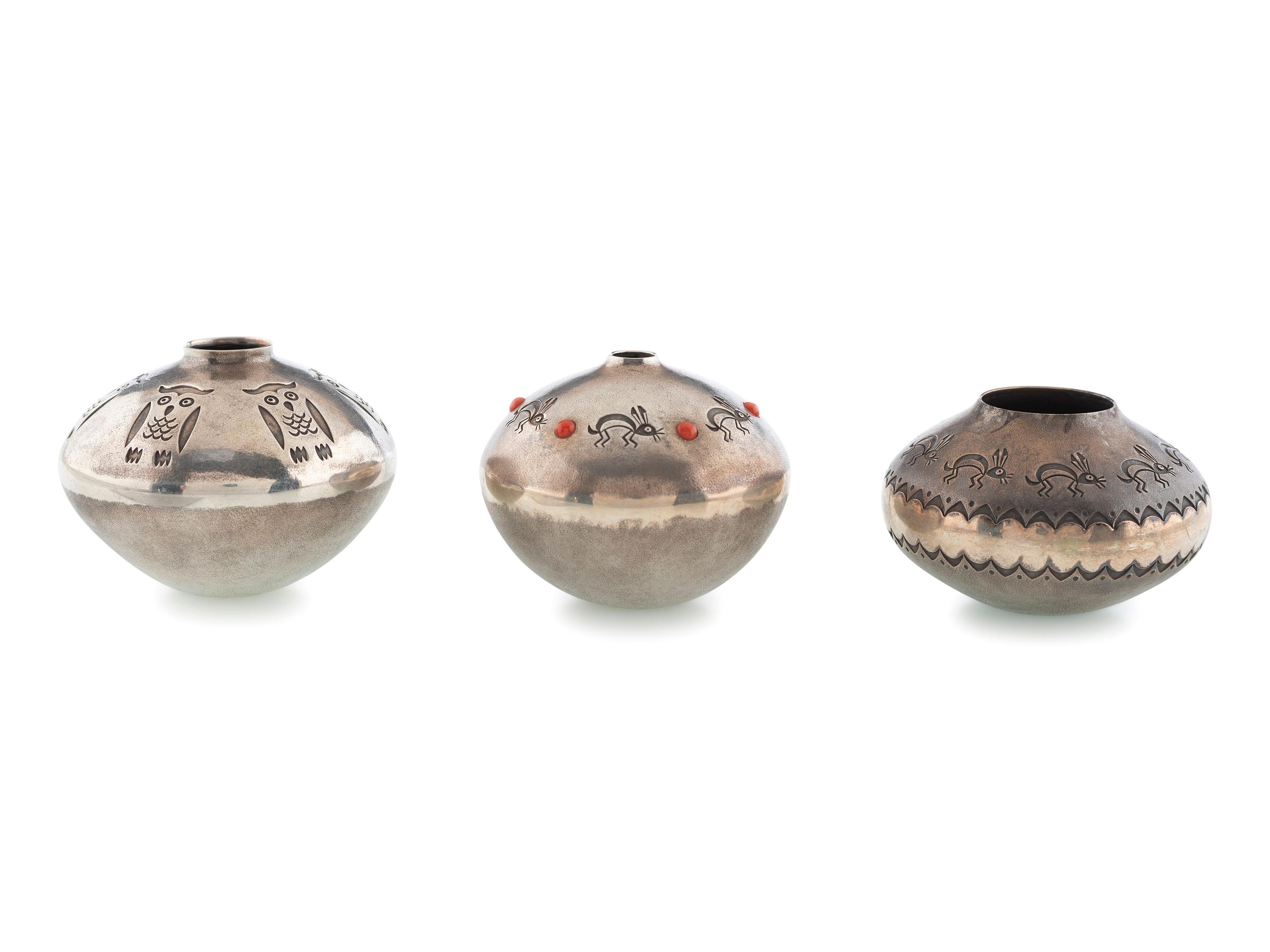 Group of Silver Seed Jars, with Owls and Rabbits