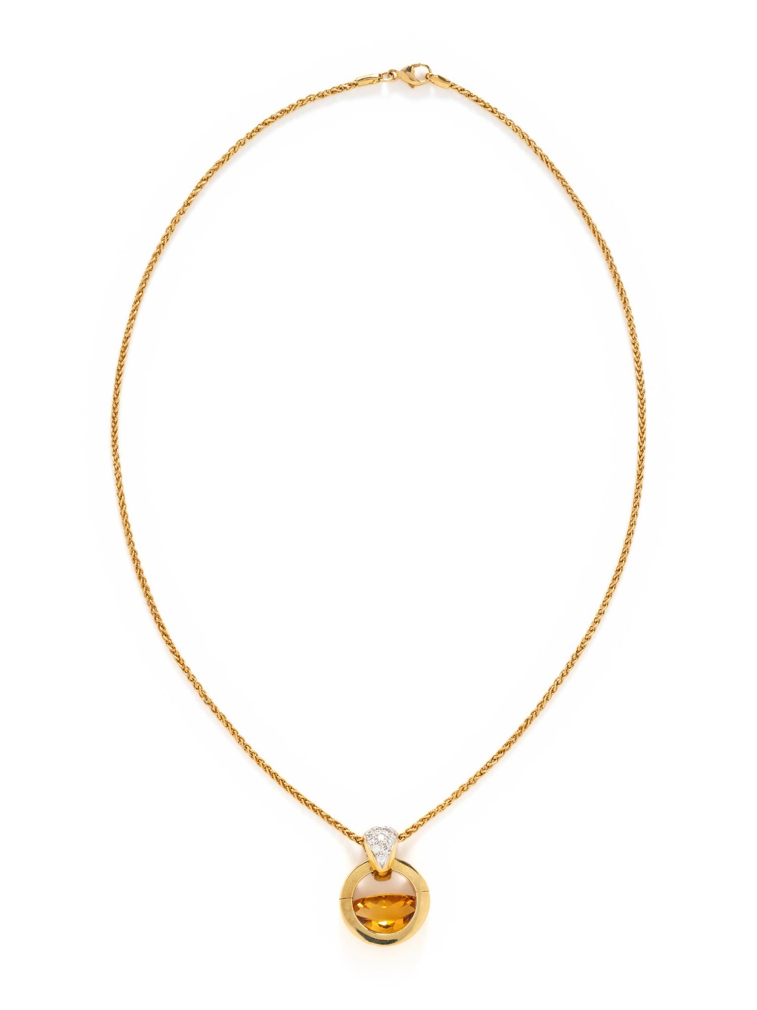 MOVADO, YELLOW GOLD, CITRINE AND DIAMOND PENDANT/NECKLACE