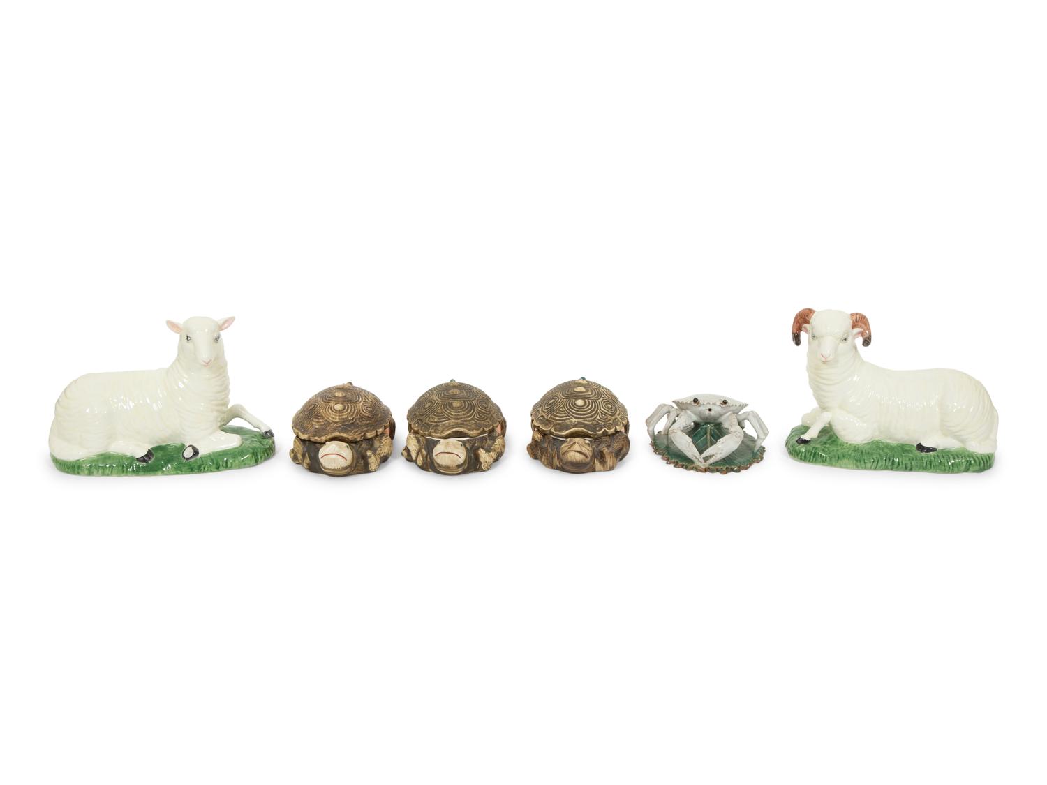 Three Ceramic Turtle-form Boxes and a Pair of Glazed Ceramic Sheep