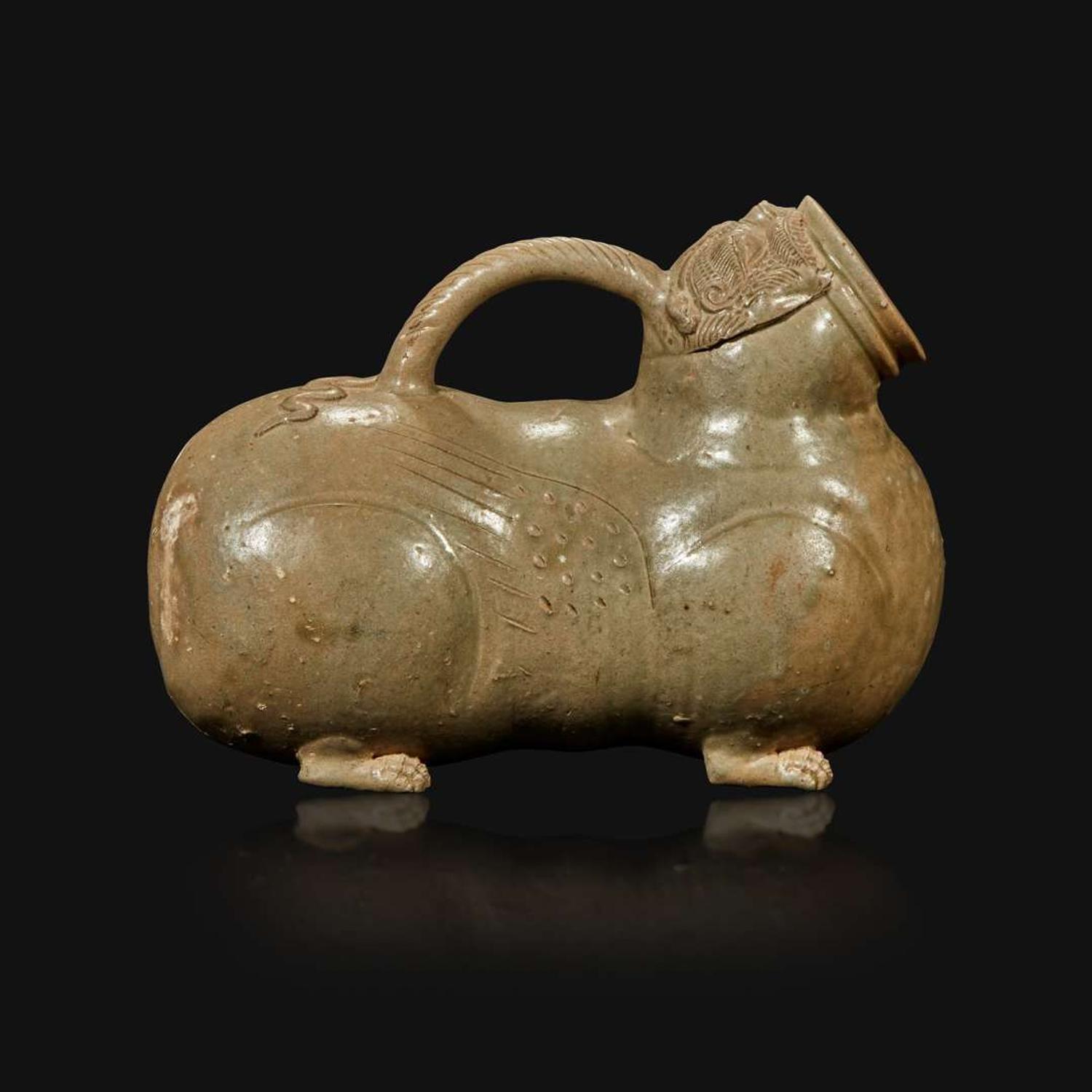 A Chinese Yue ware chimera-form celadon vessel, Huzi Jin Dynasty (265-420)