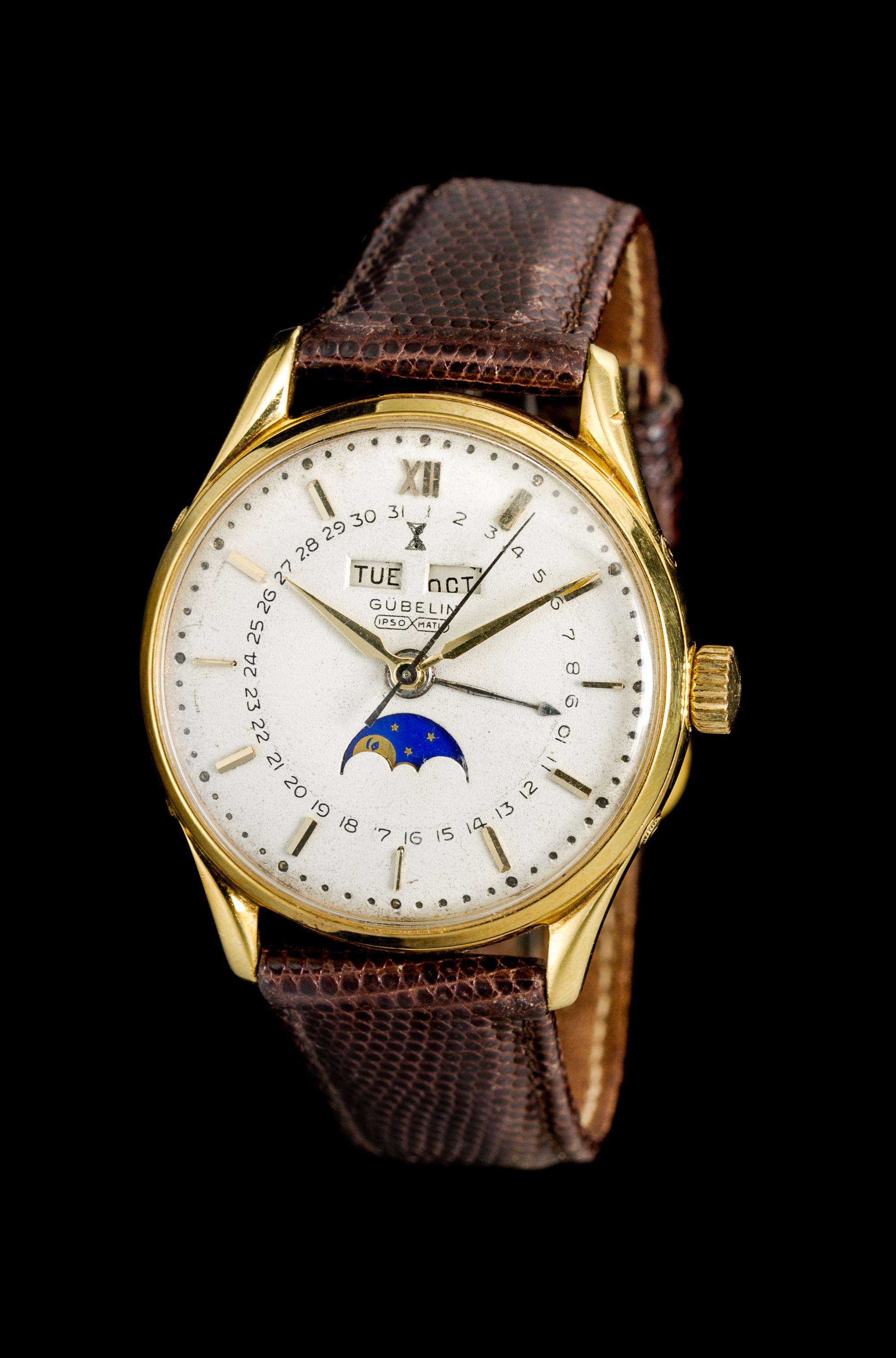 An 18 Karat Yellow Gold Triple Date Moon Phase Ipsomatic Wristwatch, Gubelin,