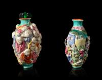 Two Chinese Famille Rose Molded Snuff Bottles