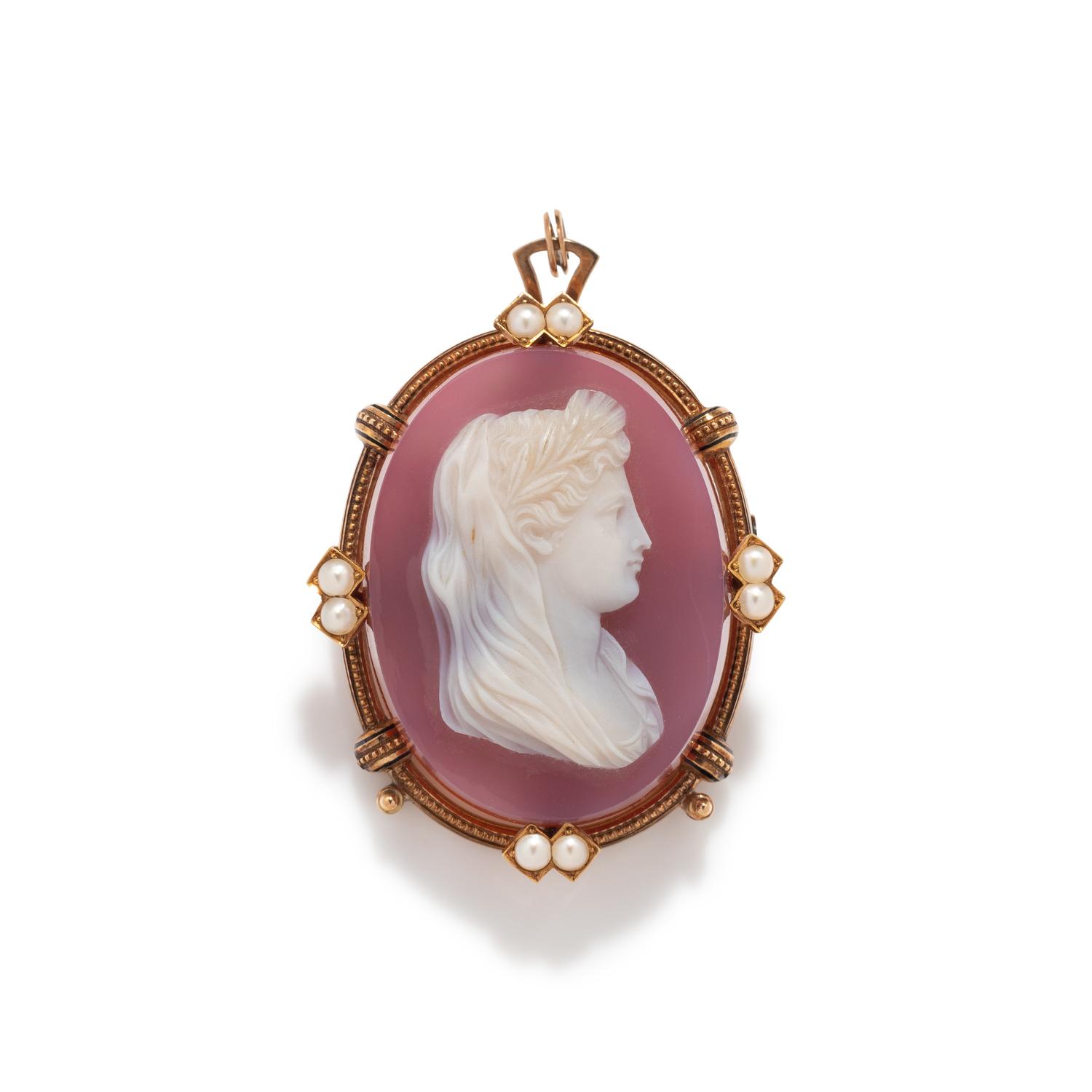 ROSE GOLD, PEARL AND ENAMEL CAMEO PENDANT/BROOCH