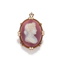 ROSE GOLD, PEARL AND ENAMEL CAMEO PENDANT/BROOCH