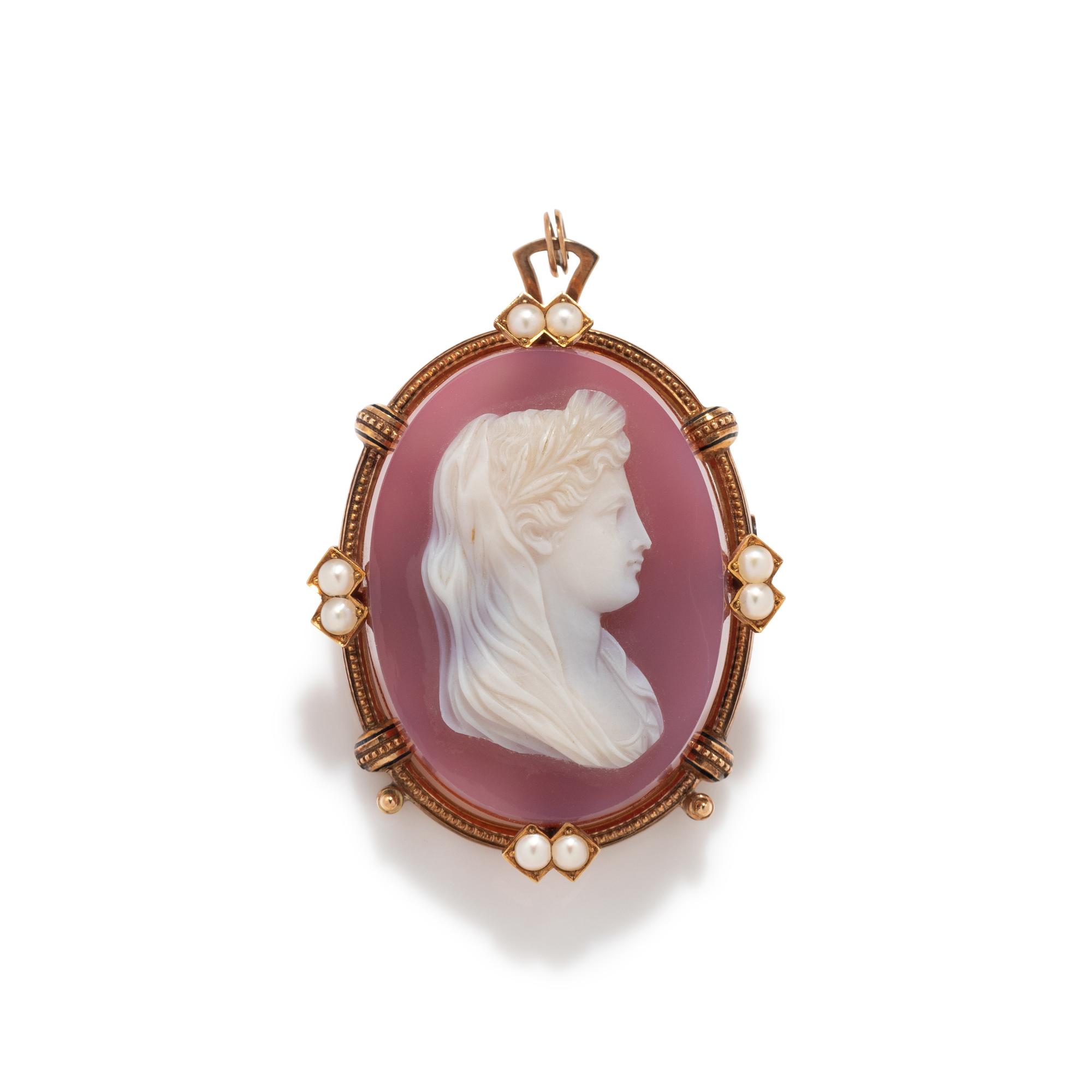 ROSE GOLD, PEARL AND ENAMEL CAMEO PENDANT/BROOCH