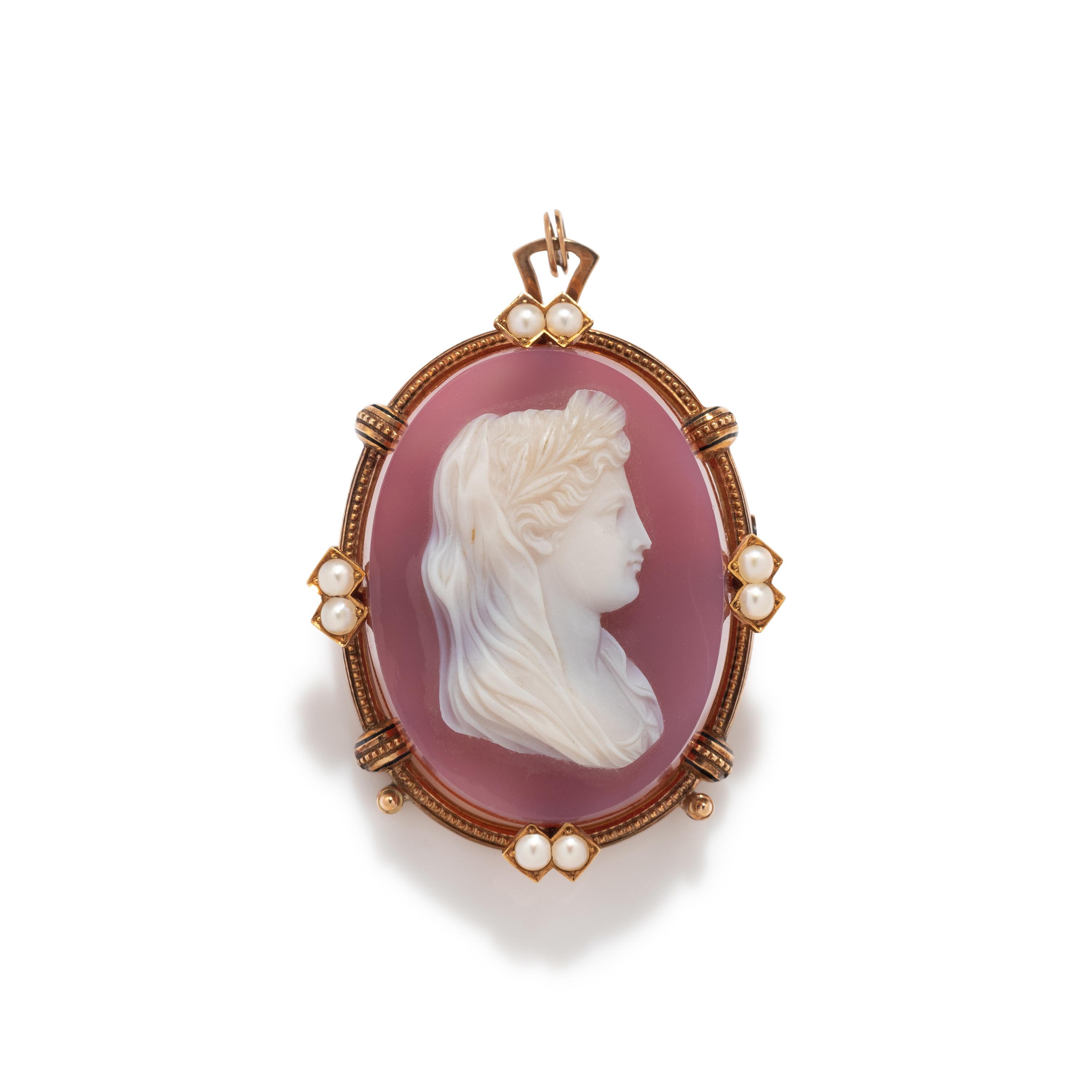 ROSE GOLD, PEARL AND ENAMEL CAMEO PENDANT/BROOCH