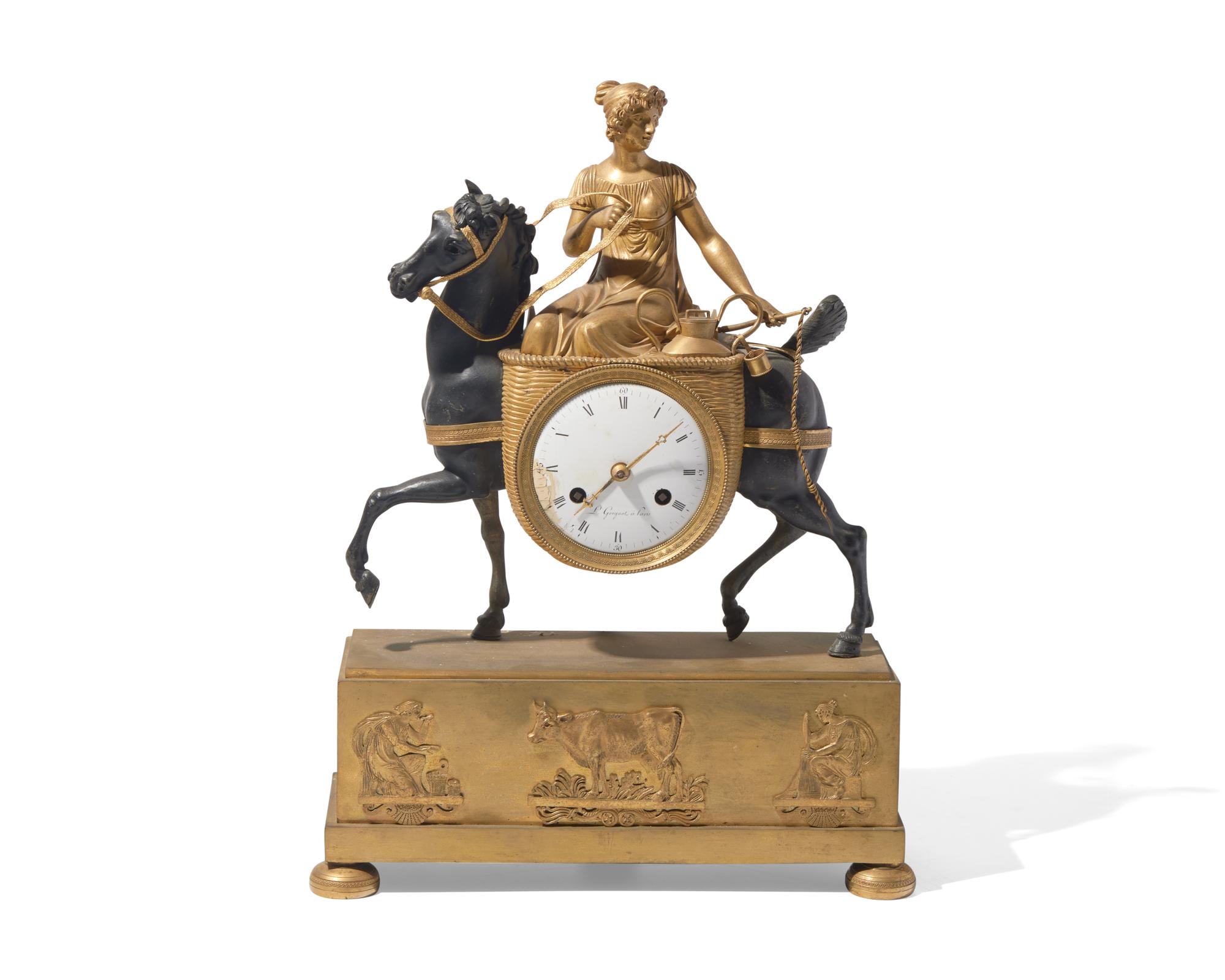 A French Empire gilt and patinated bronze mantel clock depicting a dairy maid on horseback, L. Grognot, Paris, France, early 19th century