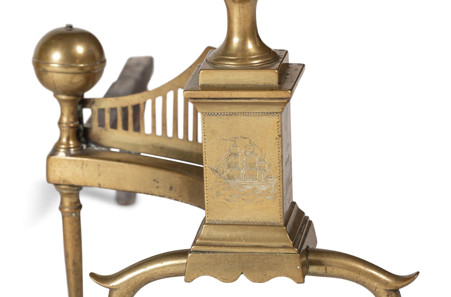 A Pair of Federal Engraved Brass Ball-Top Andirons