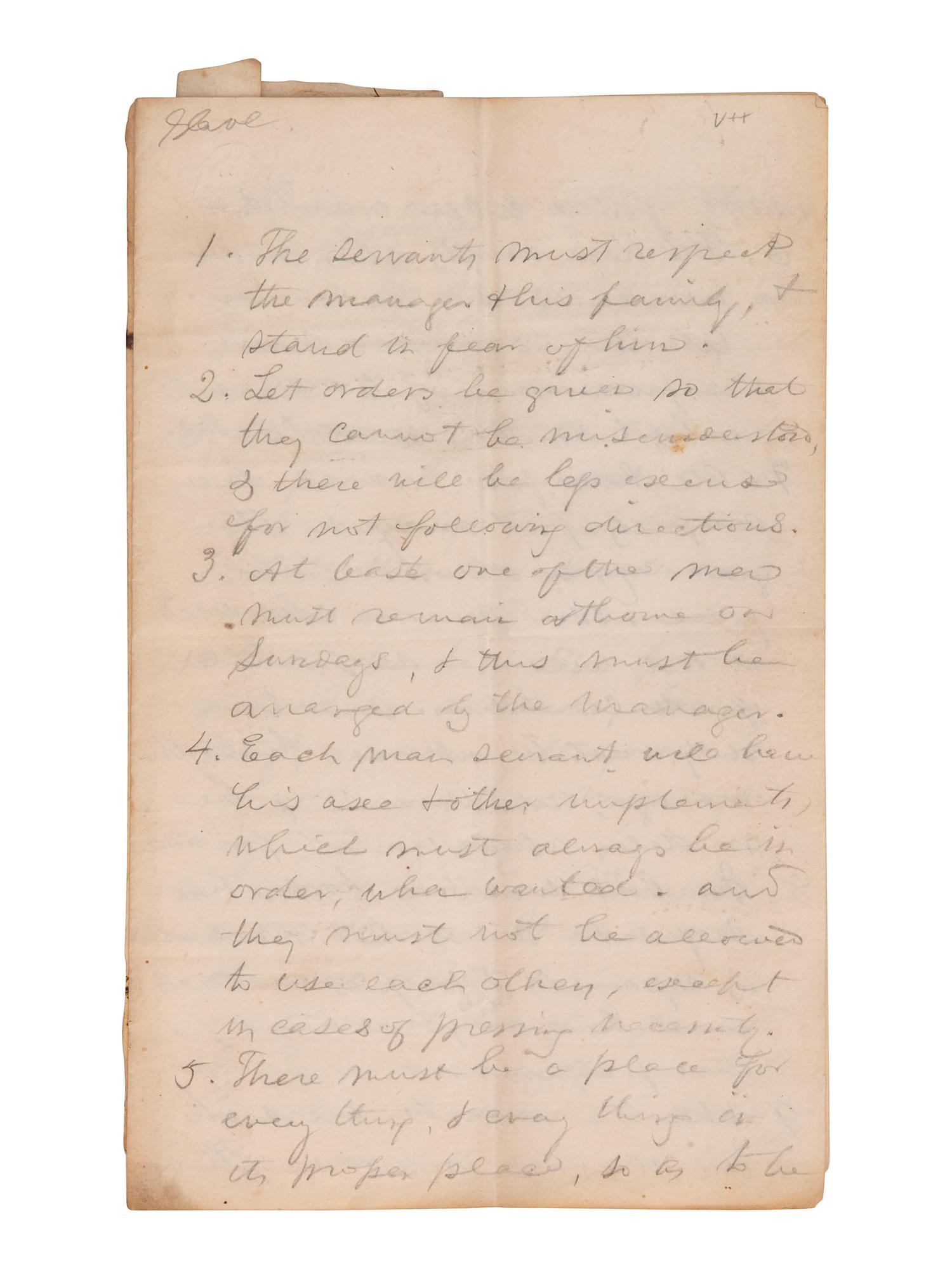 [ENSLAVEMENT]. Manuscript list of rules for servants, including "stand in fear" of farm manager.