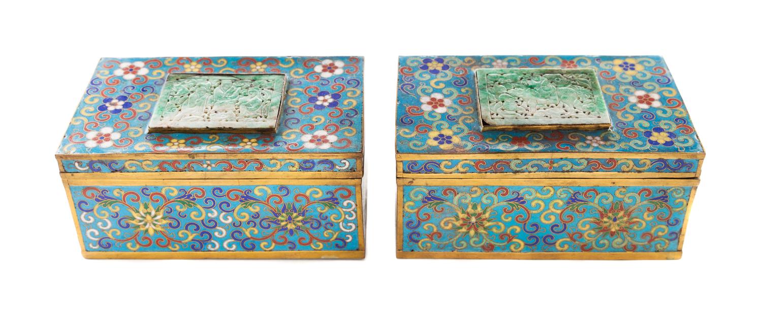 A Pair of Chinese Cloisonne Enamel Boxes Width 6 1/4 inches.