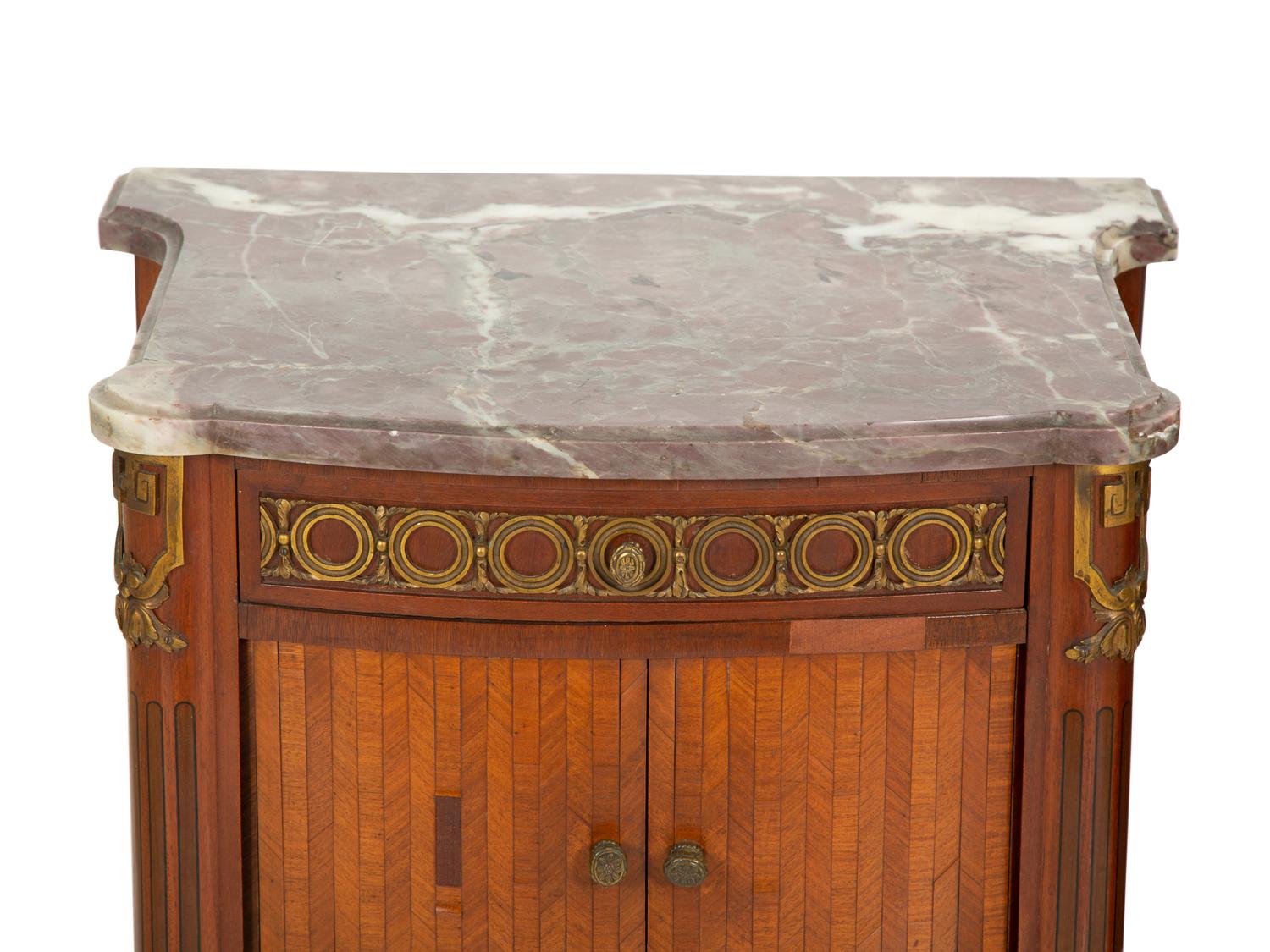 A Pair of Italian Gilt Metal Mounted Fruitwood Commodini with Marble Tops