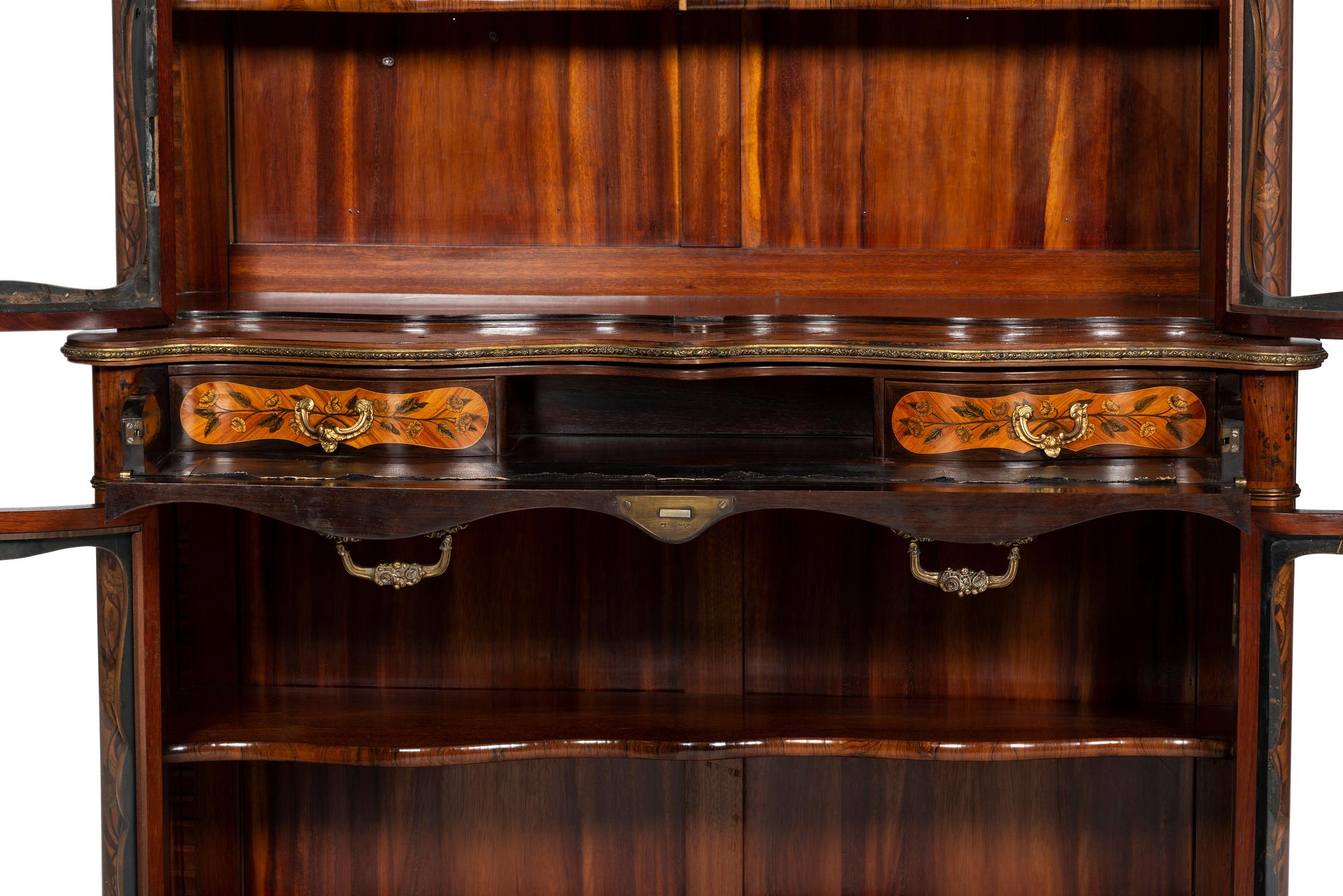 A Louis XV Style Gilt Bronze Mounted Marquetry Serpentine-Front Vitrine Cabinet