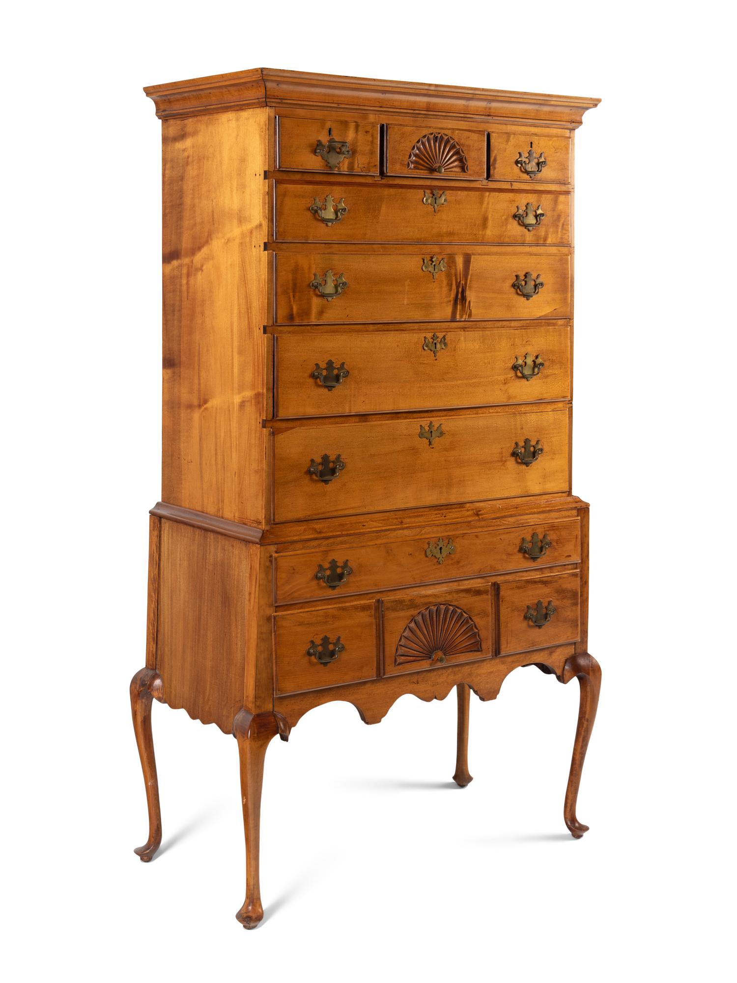 A Queen Anne Fan-Carved Cherrywood Flat-Top High Chest