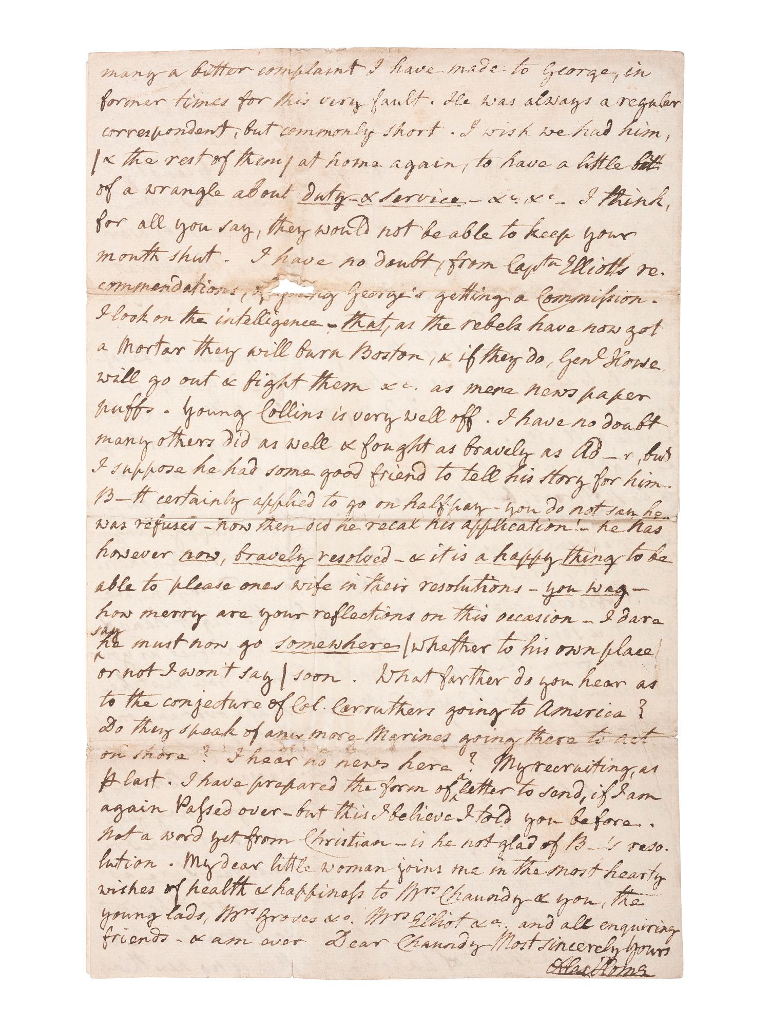 [REVOLUTIONARY WAR]. Letter from a British officer discussing the American Revolution and the necessary British response to bring "the Rebels" to submission. St. Albans [United Kingdom?], 12 February 1776.