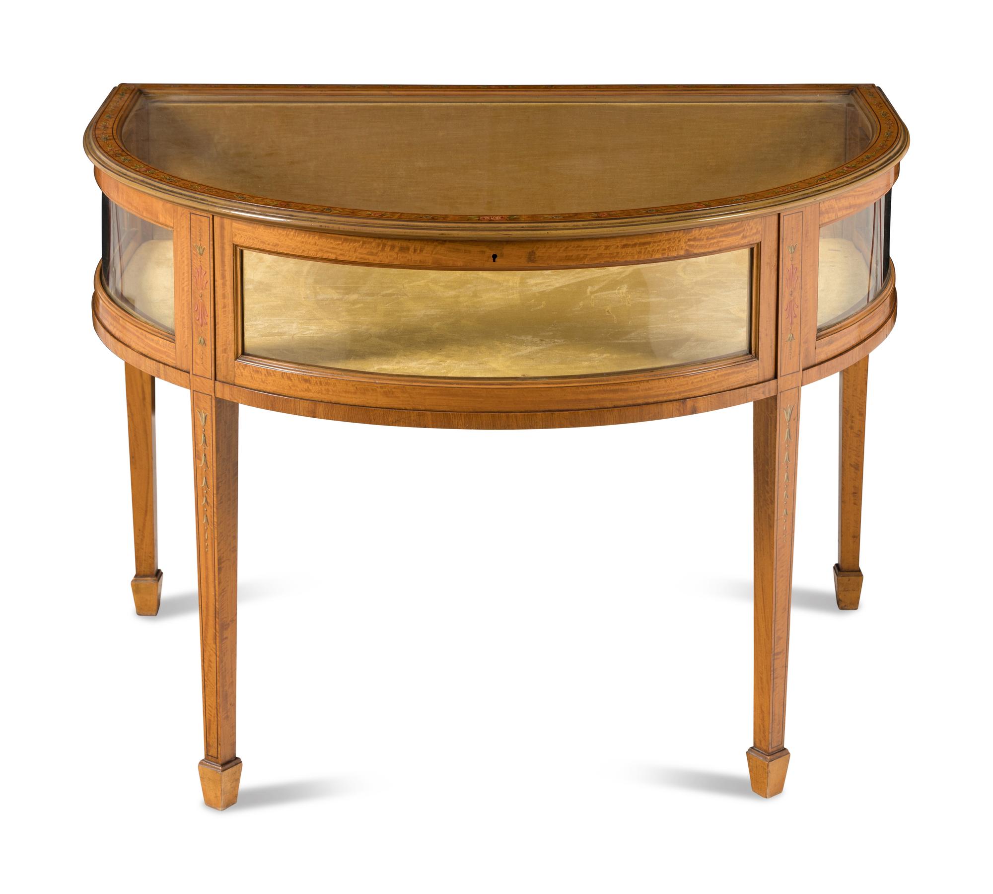 An Edwardian Satinwood and Paint Decorated Demilune Vitrine Table