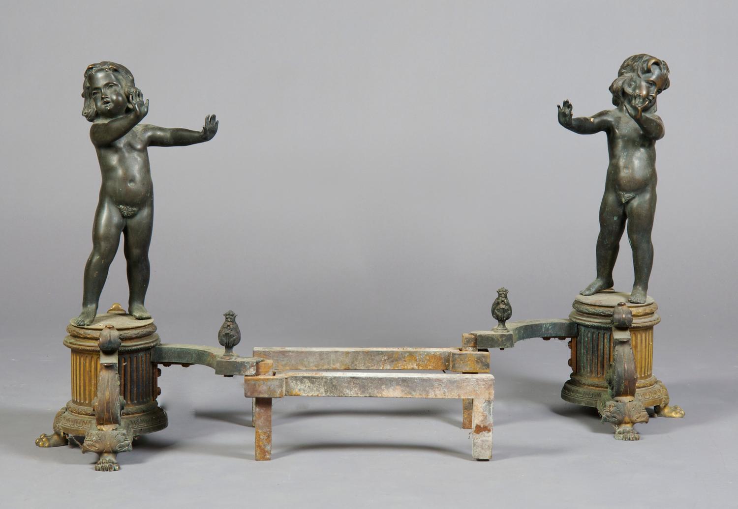A Pair of Iron and Bronze Figural Andirons, Height 21 3/4 inches.