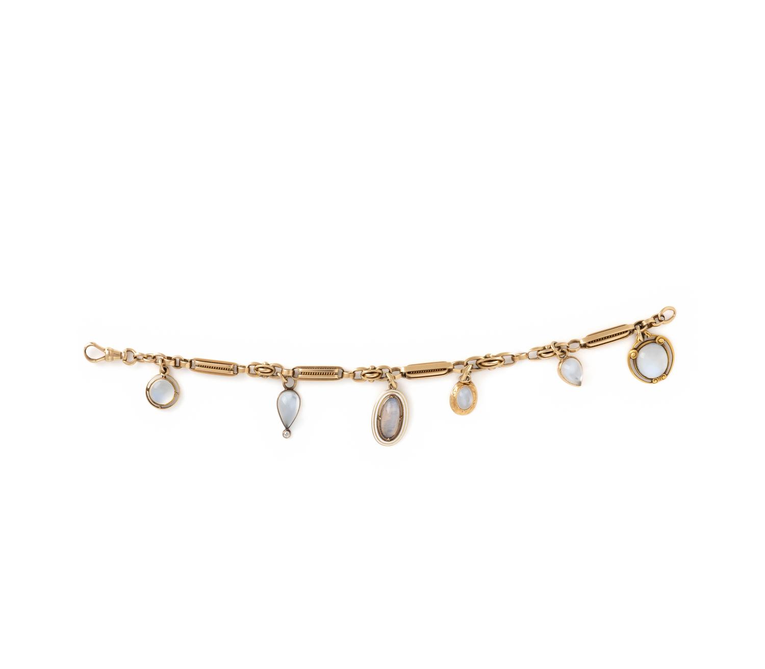 ANTIQUE, ROSE GOLD AND MOONSTONE CHARM BRACELET