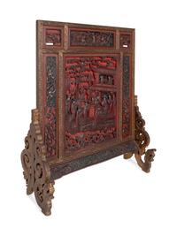 A Large Chinese Carved Red Lacquer Wood Table Screen