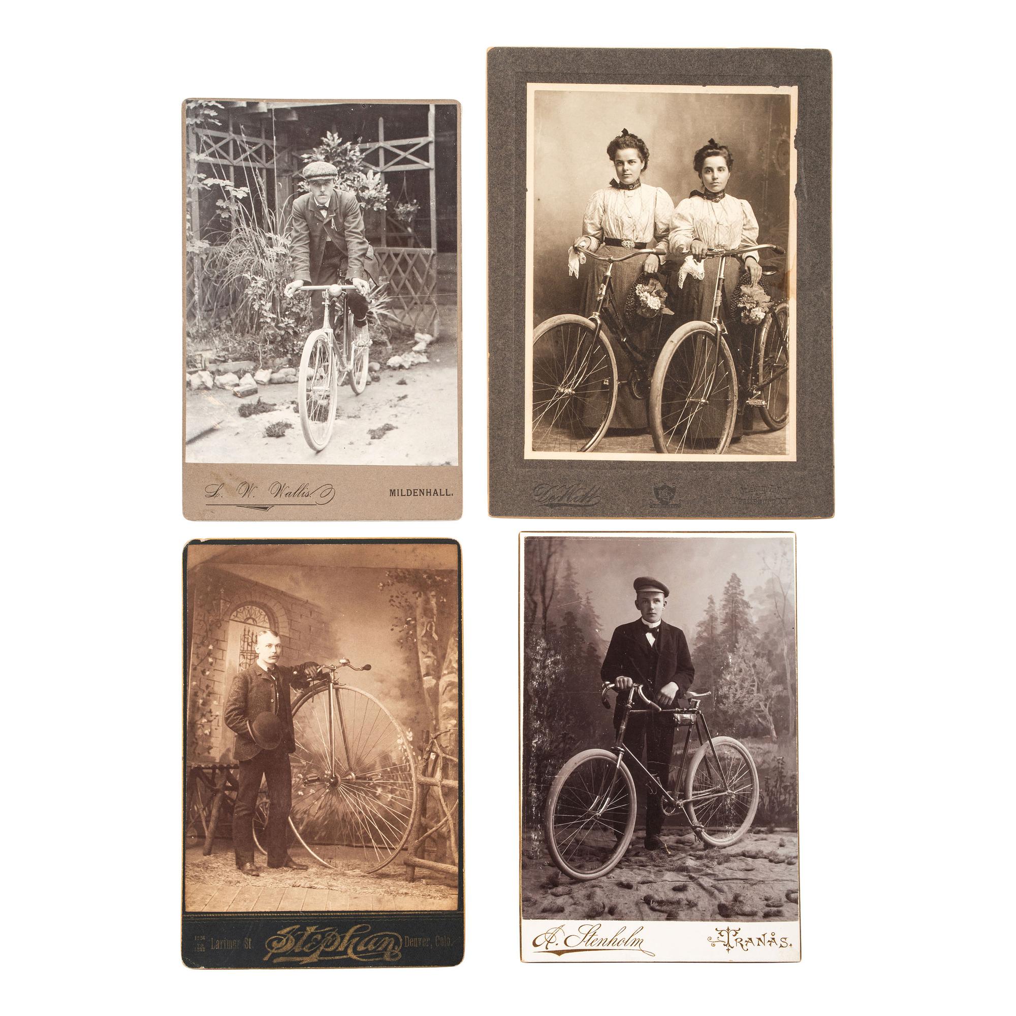 [BICYCLES]. A group of early photographs of cyclists, including children with tricycles, wagons, and riding toys.