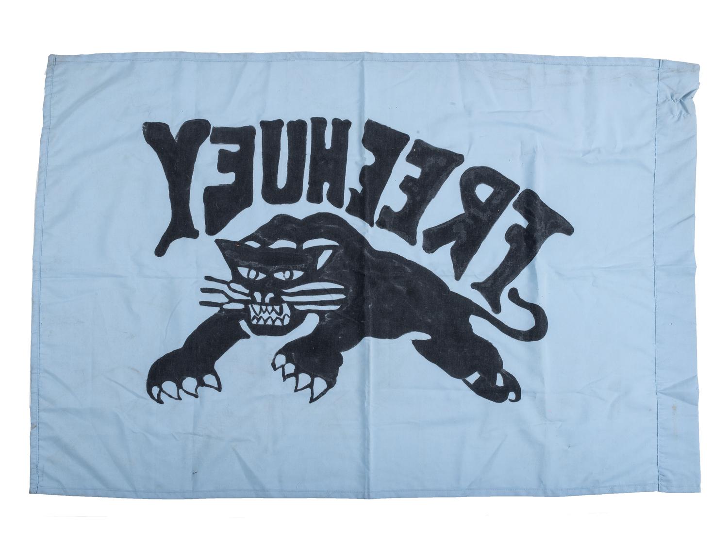 [BLACK PANTHER PARTY]. "Free Huey" flag that was flown at a protest demonstration to free Huey Newton near the Alameda County Courthouse. Oakland, CA, 1968.