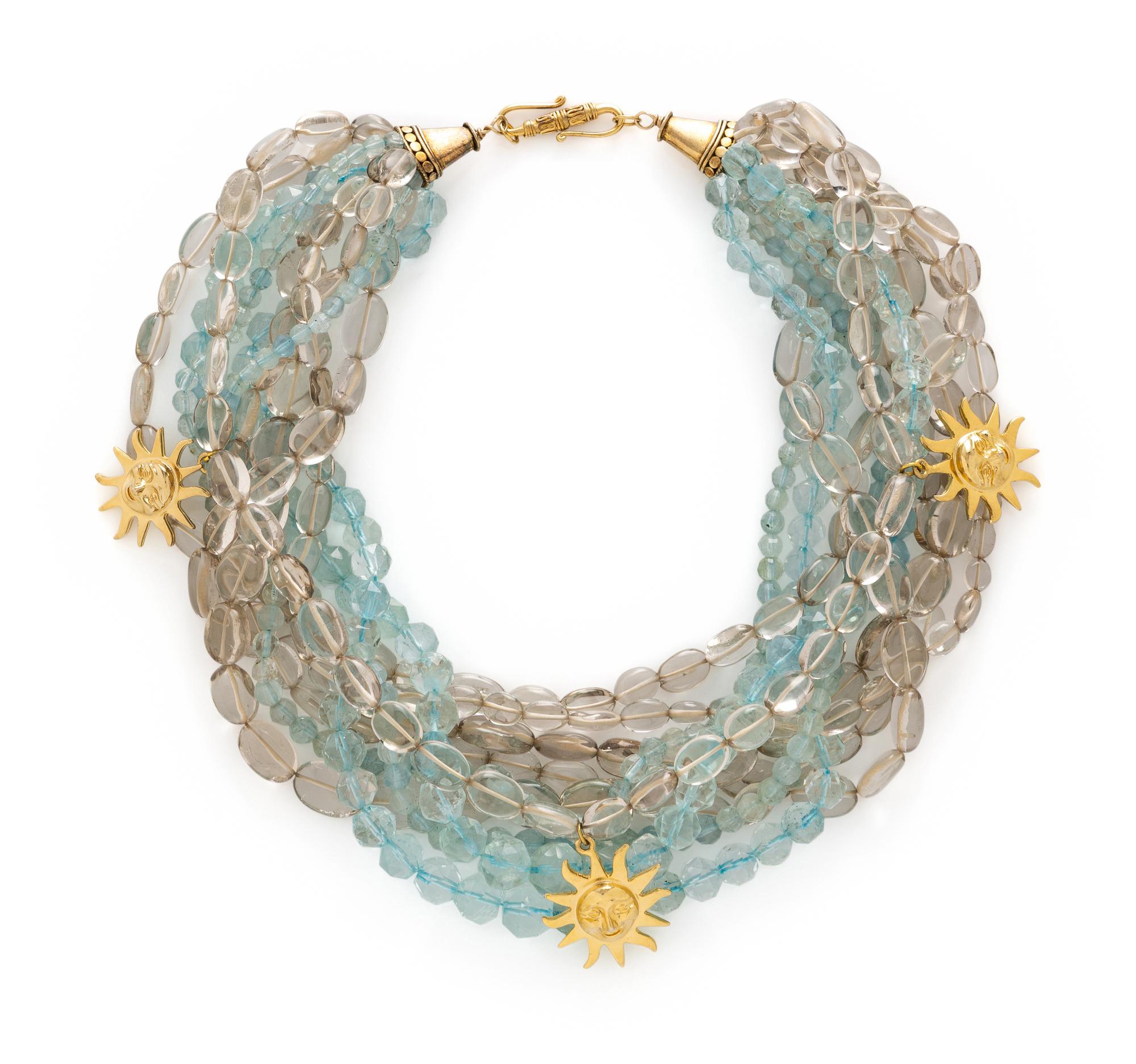 TONY DUQUETTE, ROCK CRYSTAL QUARTZ AND AQUAMARINE BEADED TORSADE NECKLACE