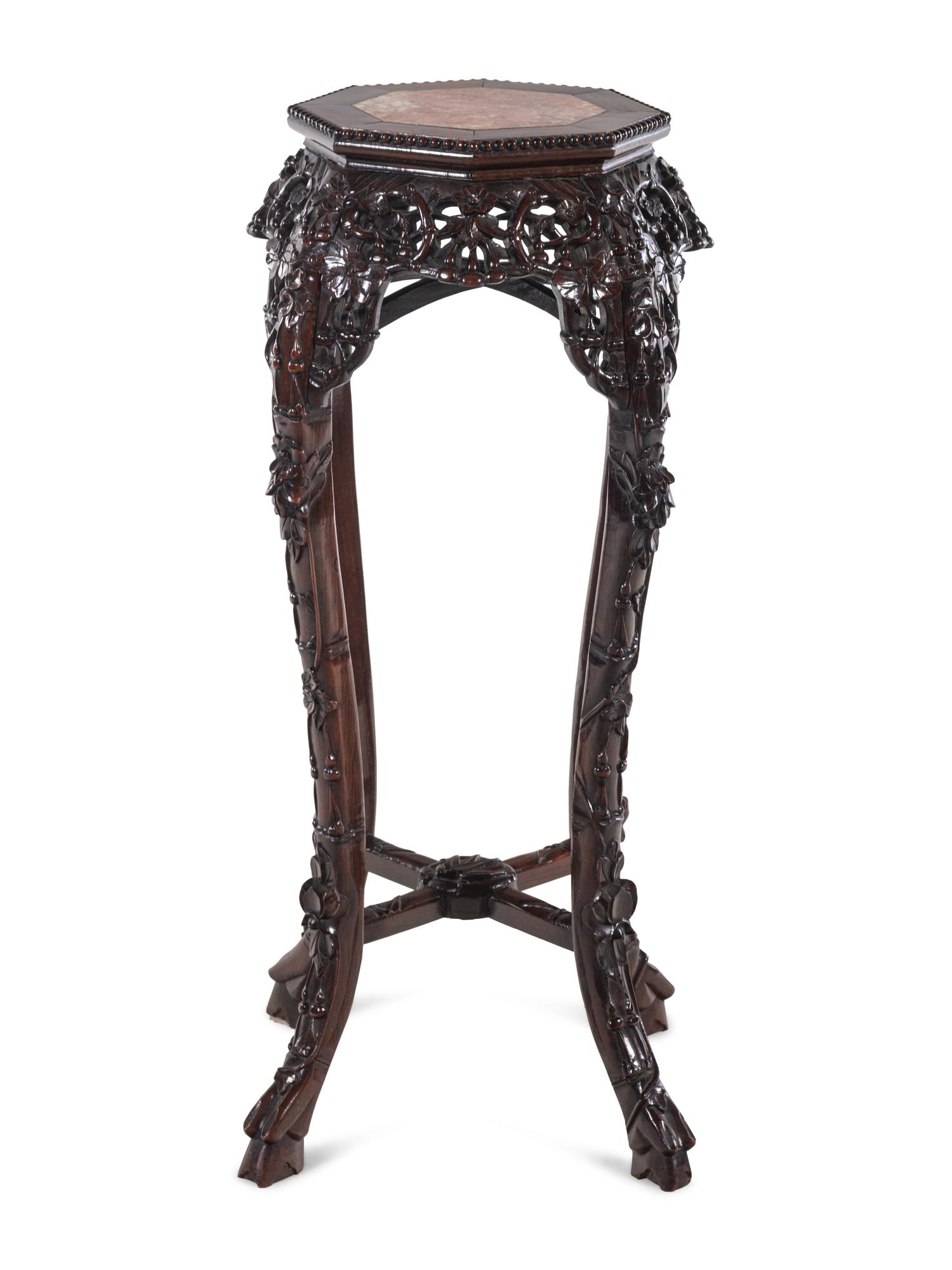 A Chinese Marble Inset Carved Hardwood Pedestal