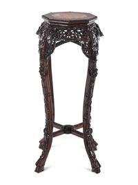 A Chinese Marble Inset Carved Hardwood Pedestal