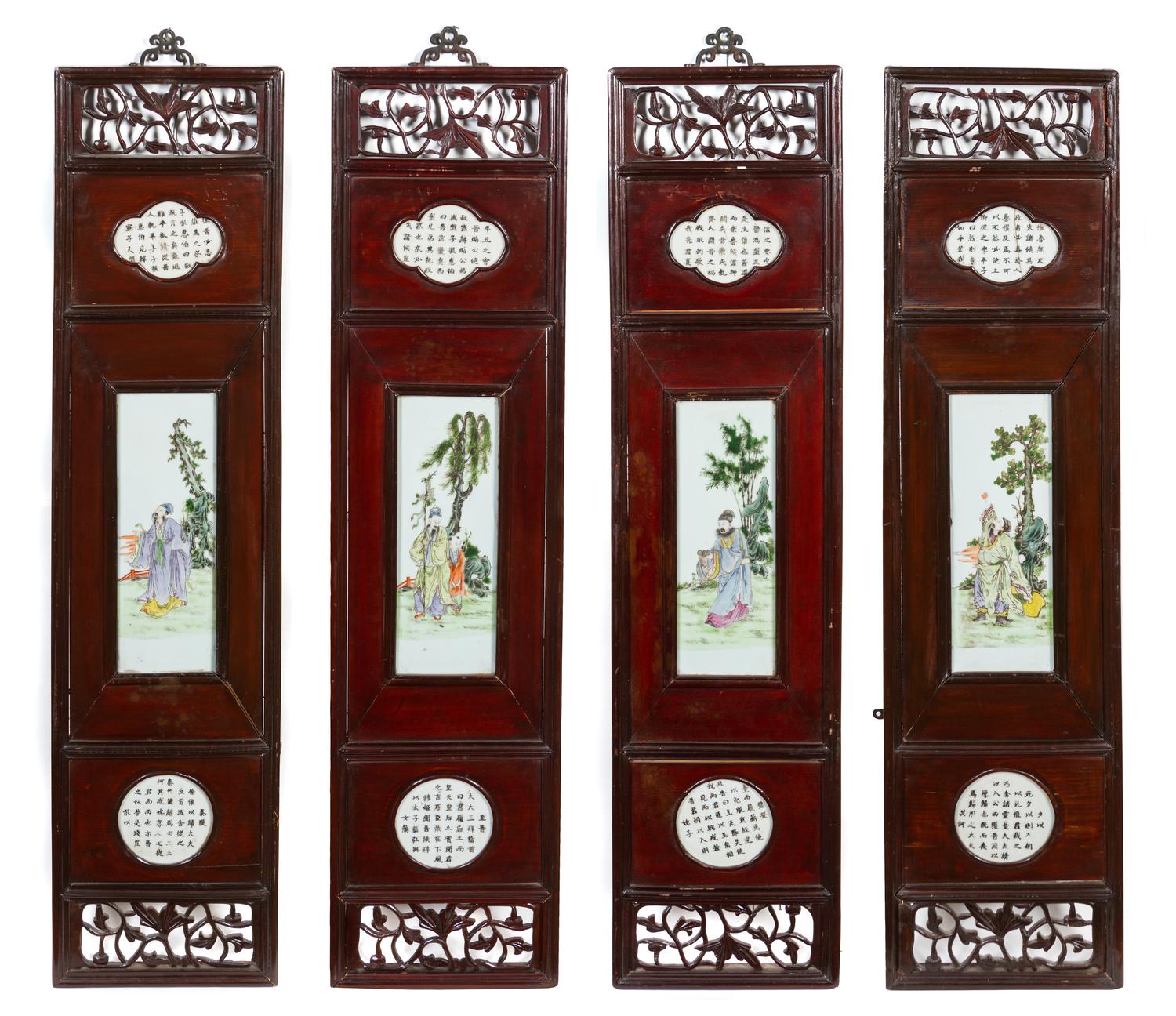 A Set of Four Chinese Famille Rose Porcelain and Wood Panels 19TH CENTURY Height overall 42 1/4 x width 10 1/4 inches. — 19TH CENTURY