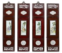 A Set of Four Chinese Famille Rose Porcelain and Wood Panels 19TH CENTURY Height overall 42 1/4 x width 10 1/4 inches. — 19TH CENTURY