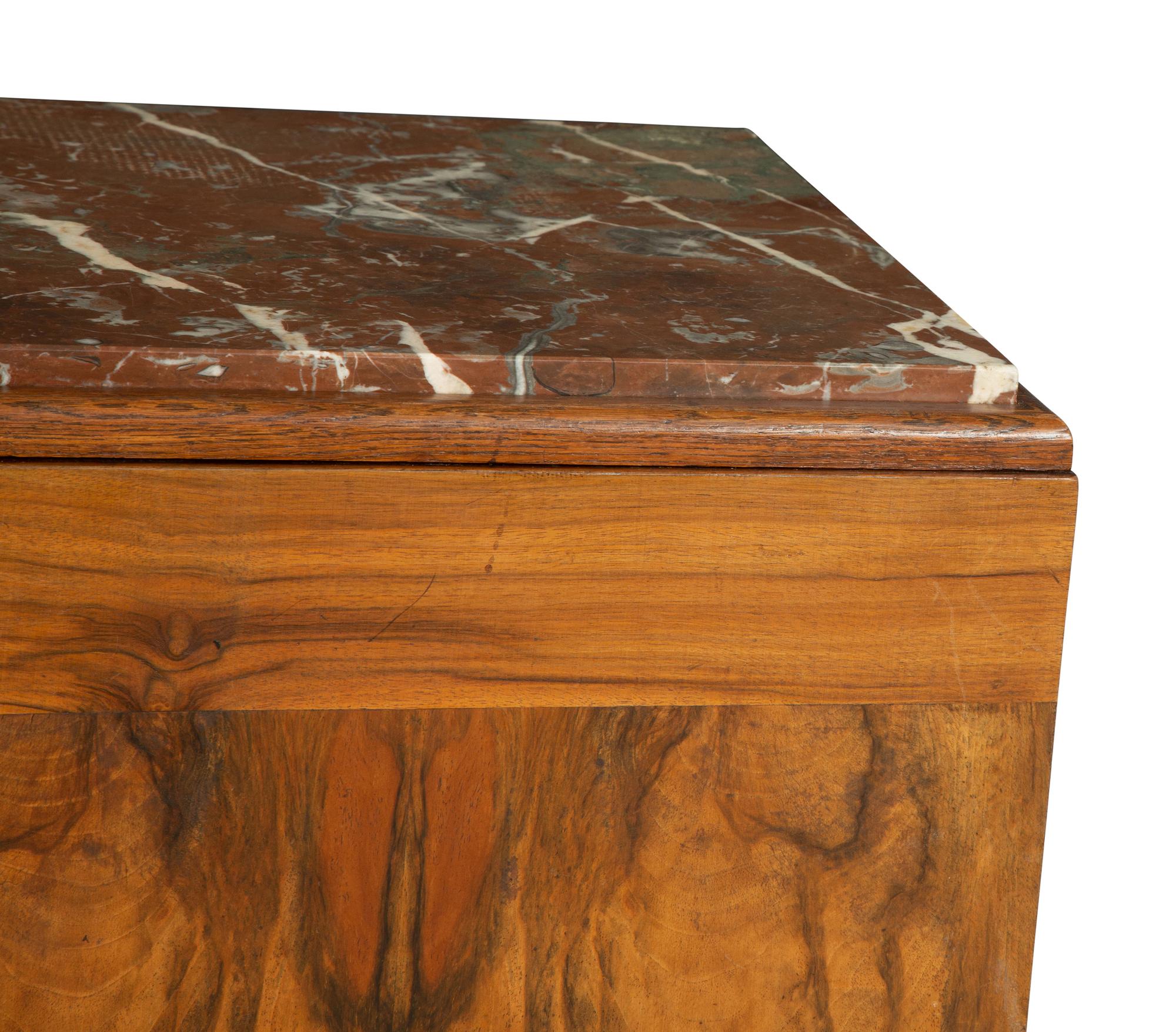 An Art Deco Style Burl Walnut Marble-Top Serving Cabinet
