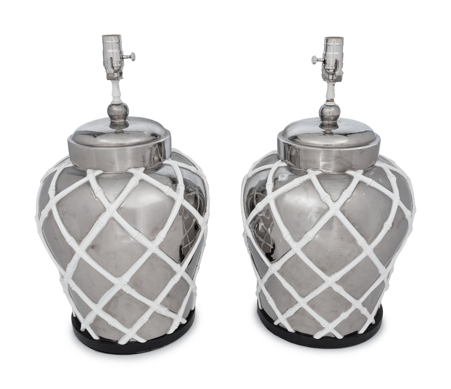 A Pair of Silvered and White Glazed Table Lamps