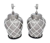 A Pair of Silvered and White Glazed Table Lamps