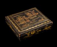 A Chinese Export Gilt and Red Highlighted Black Lacquered Box and Cover