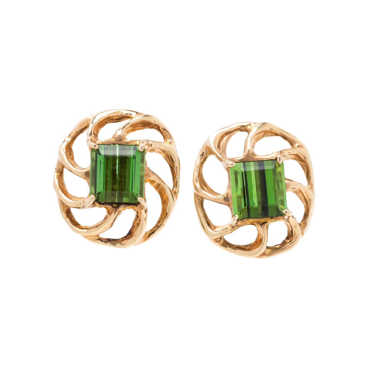 YELLOW GOLD AND GREEN TOURMALINE EARCLIPS