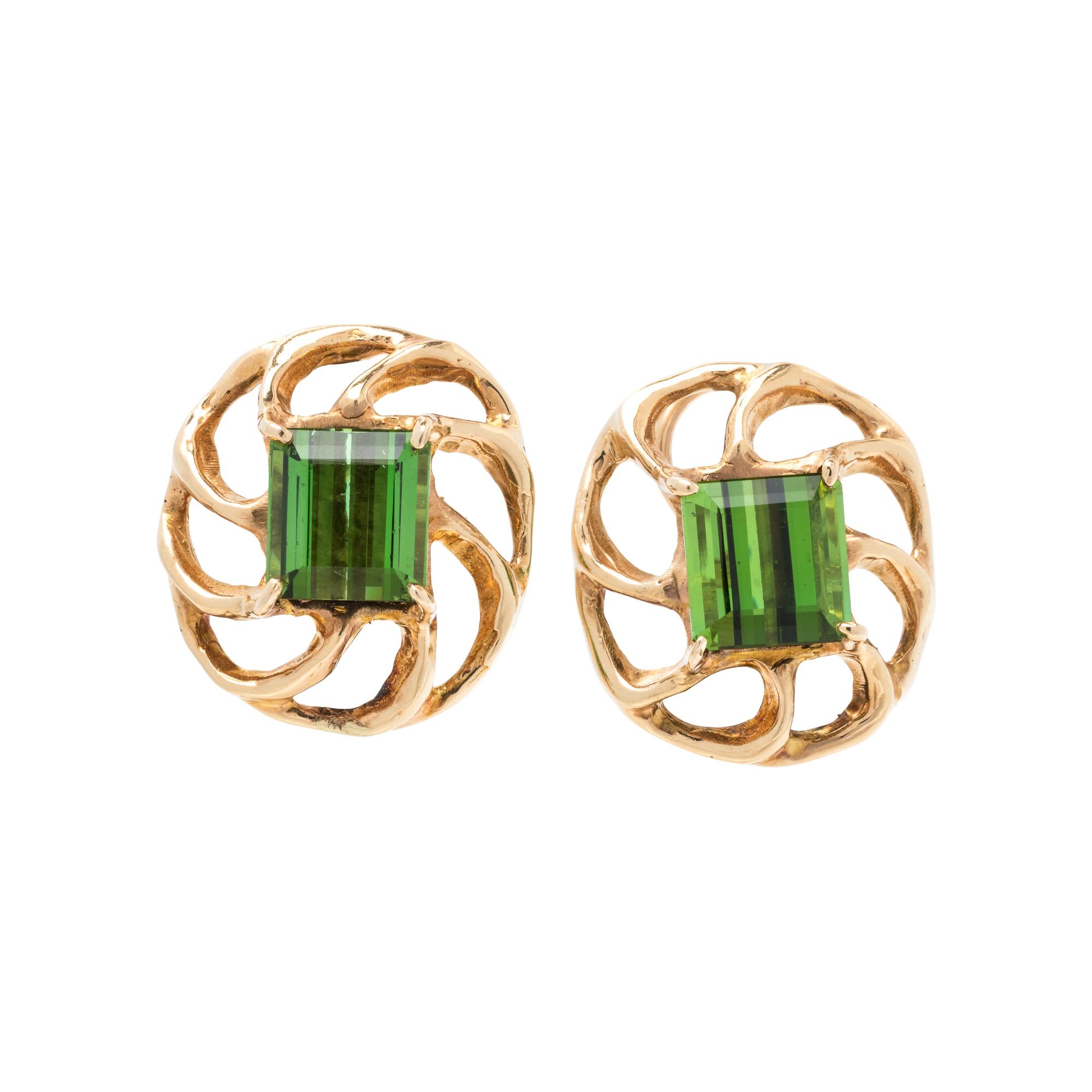 YELLOW GOLD AND GREEN TOURMALINE EARCLIPS