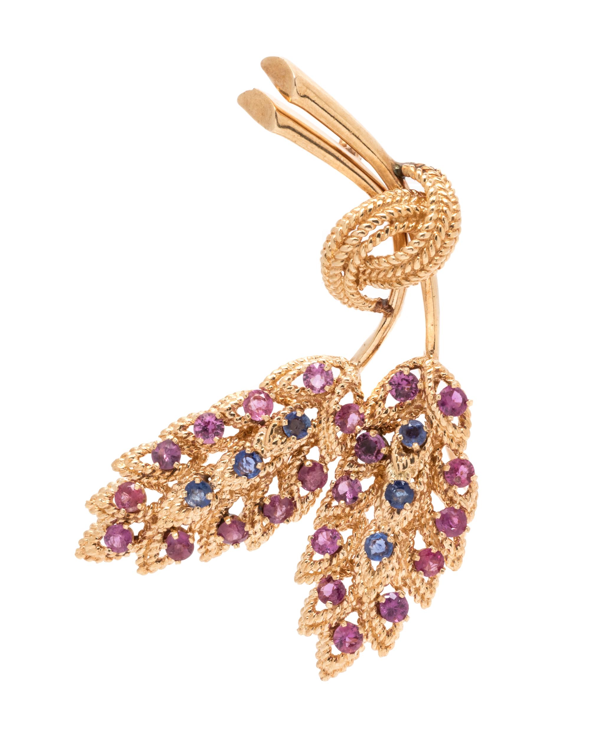 PINK AND BLUE SAPPHIRE WHEAT MOTIF BROOCH