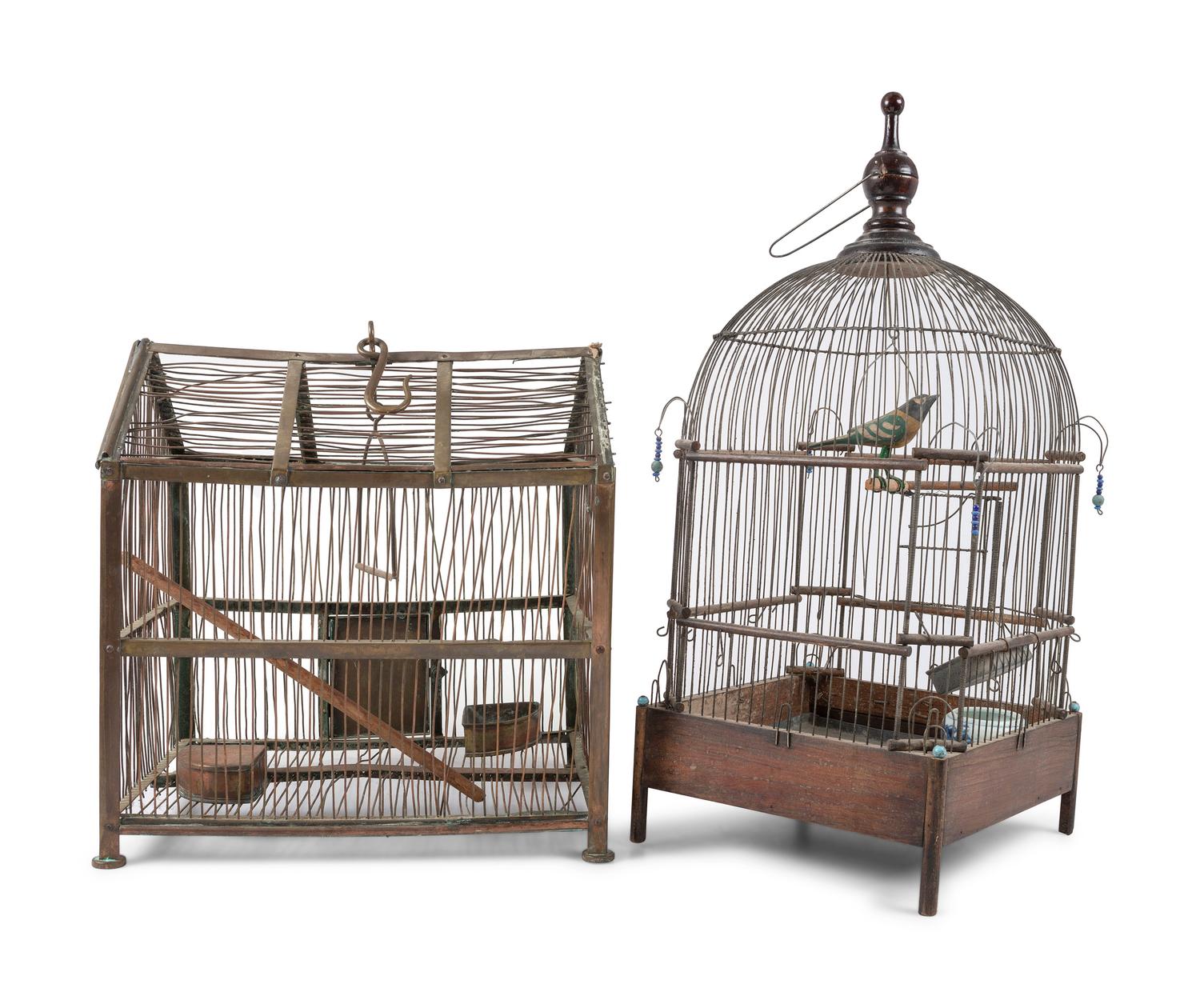 Three Folk Art Bird Cages and a Birdhouse