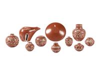 Miniature White-on-Red Pottery Jars, Plate, and Bear
