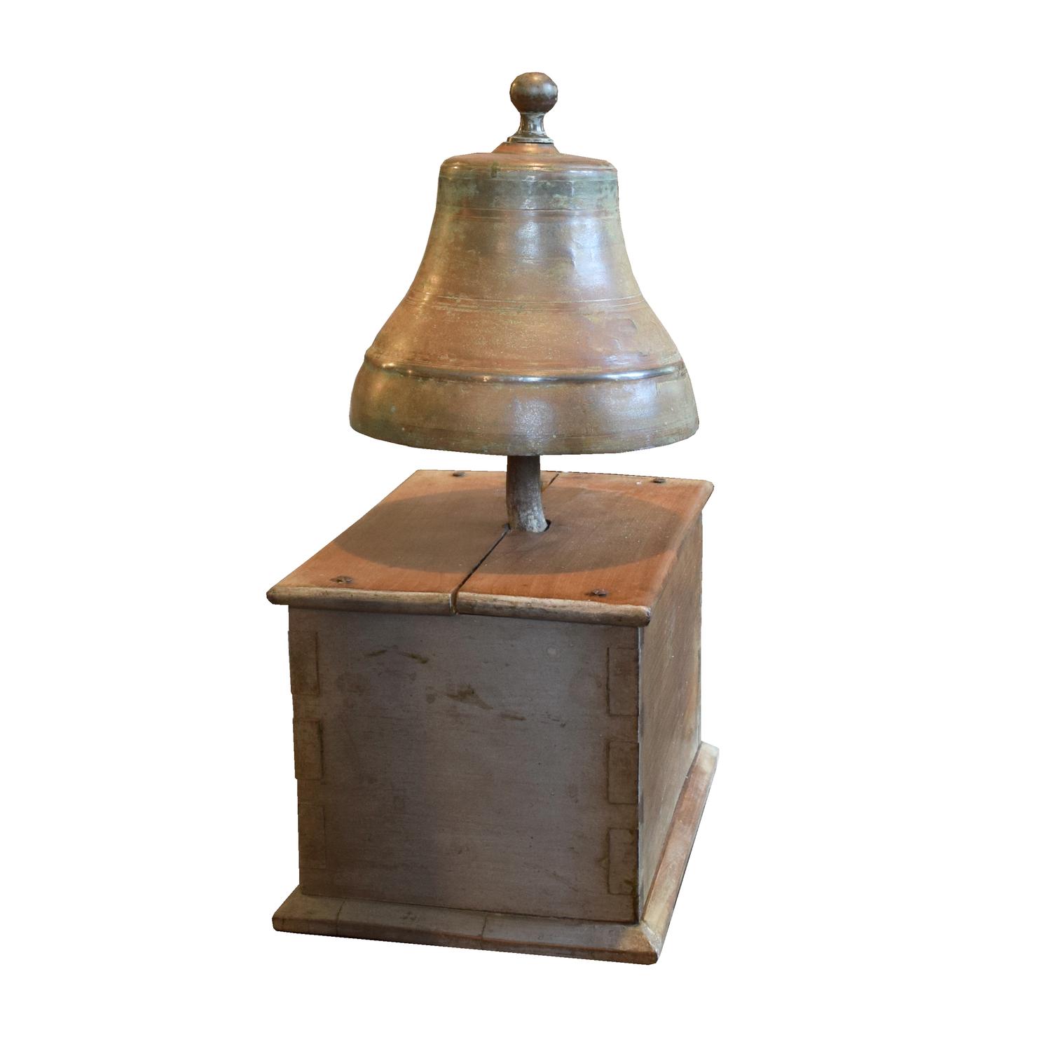 A Bronze Time Clock Bell on Wood Base 12" W x 8" D x 19" H — Italy