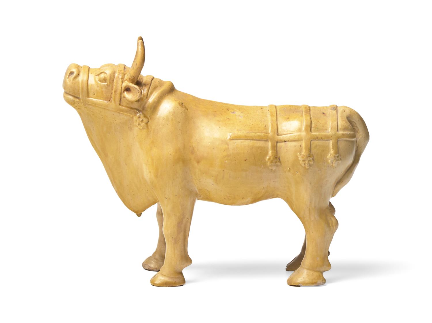 A Chinese Straw Glazed Pottery Figure of a Bull