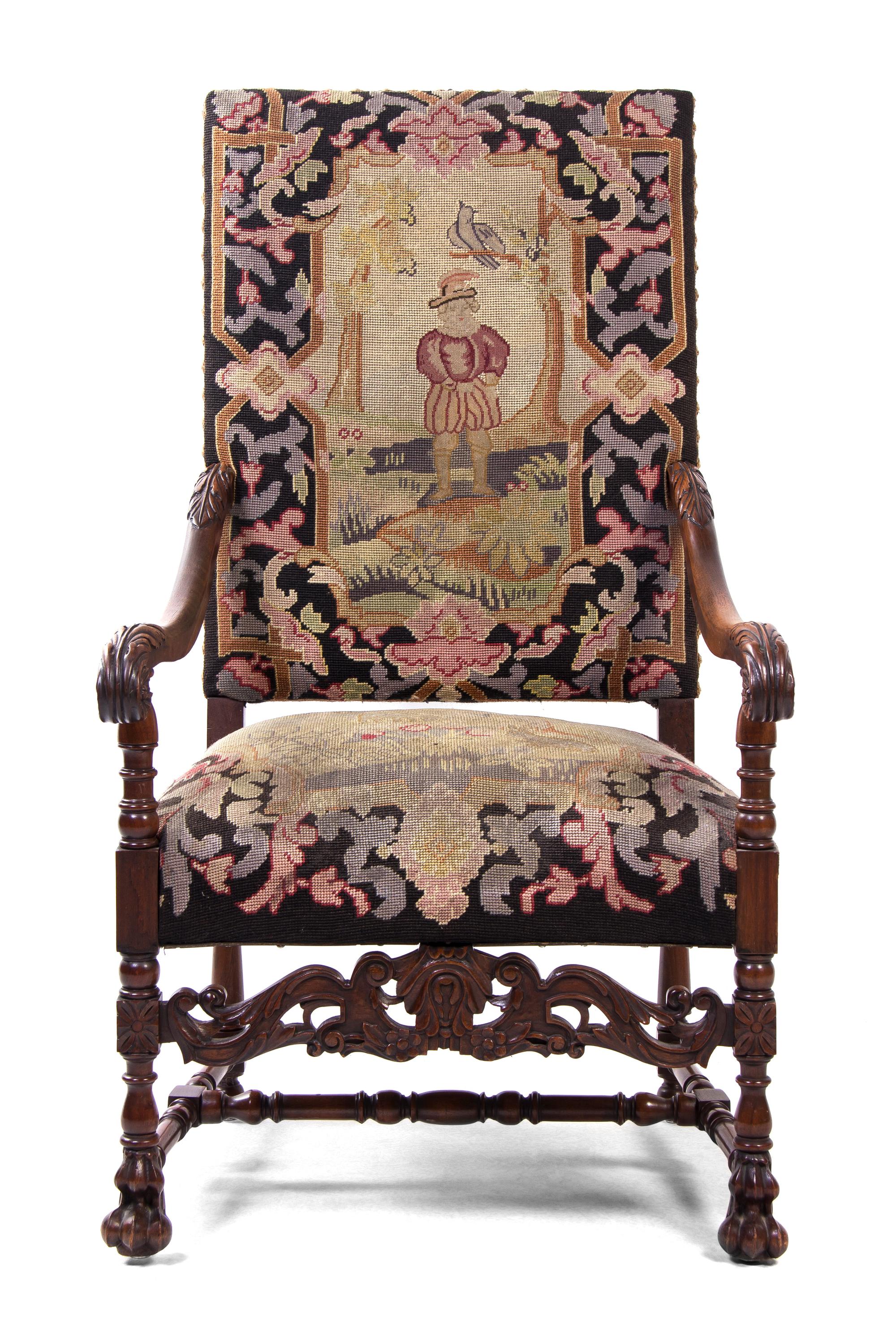 A Henry II Style Mahogany Open Armchair, Height 46 1/4 inches.