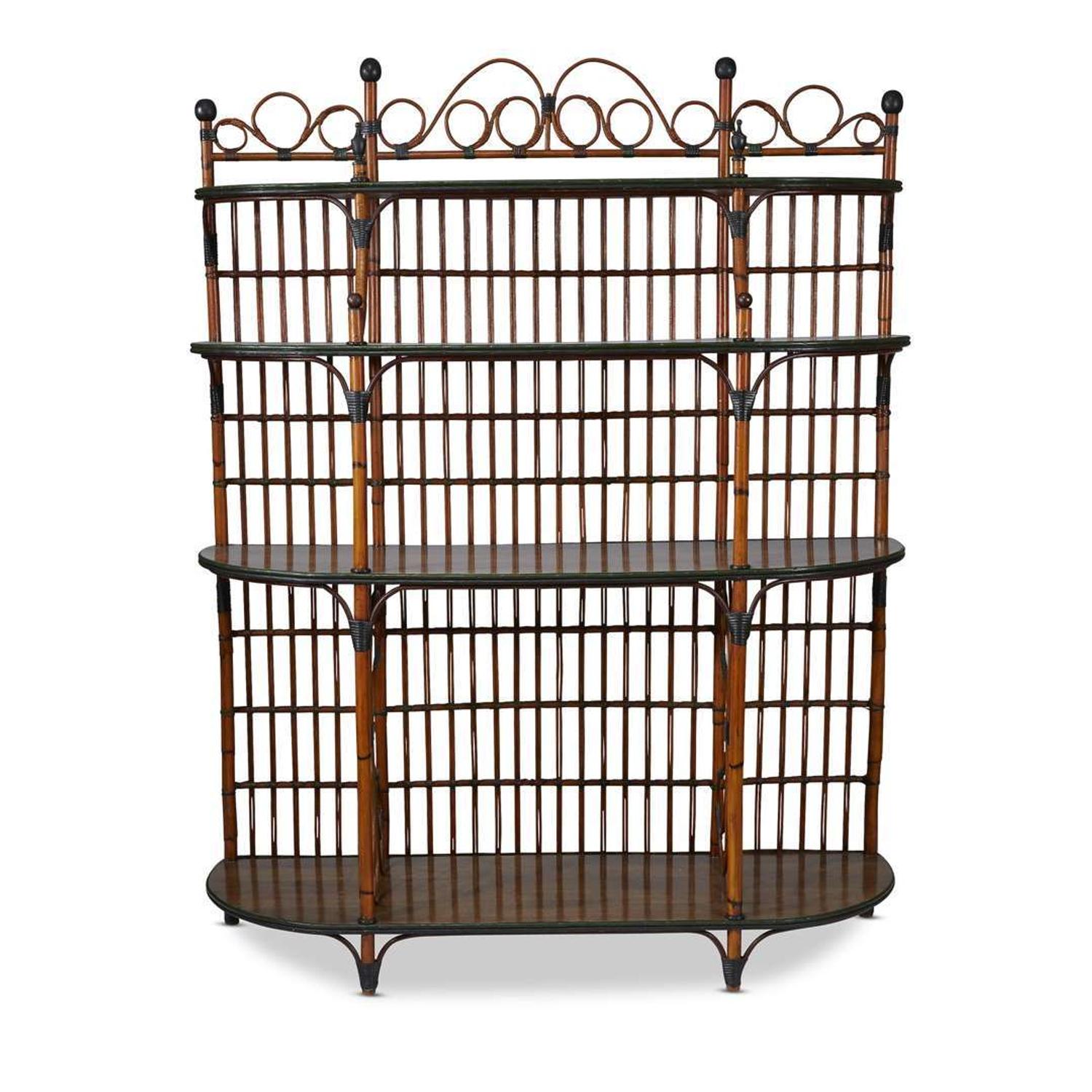 A polychrome painted rattan and oak étagère american, circa 1900
