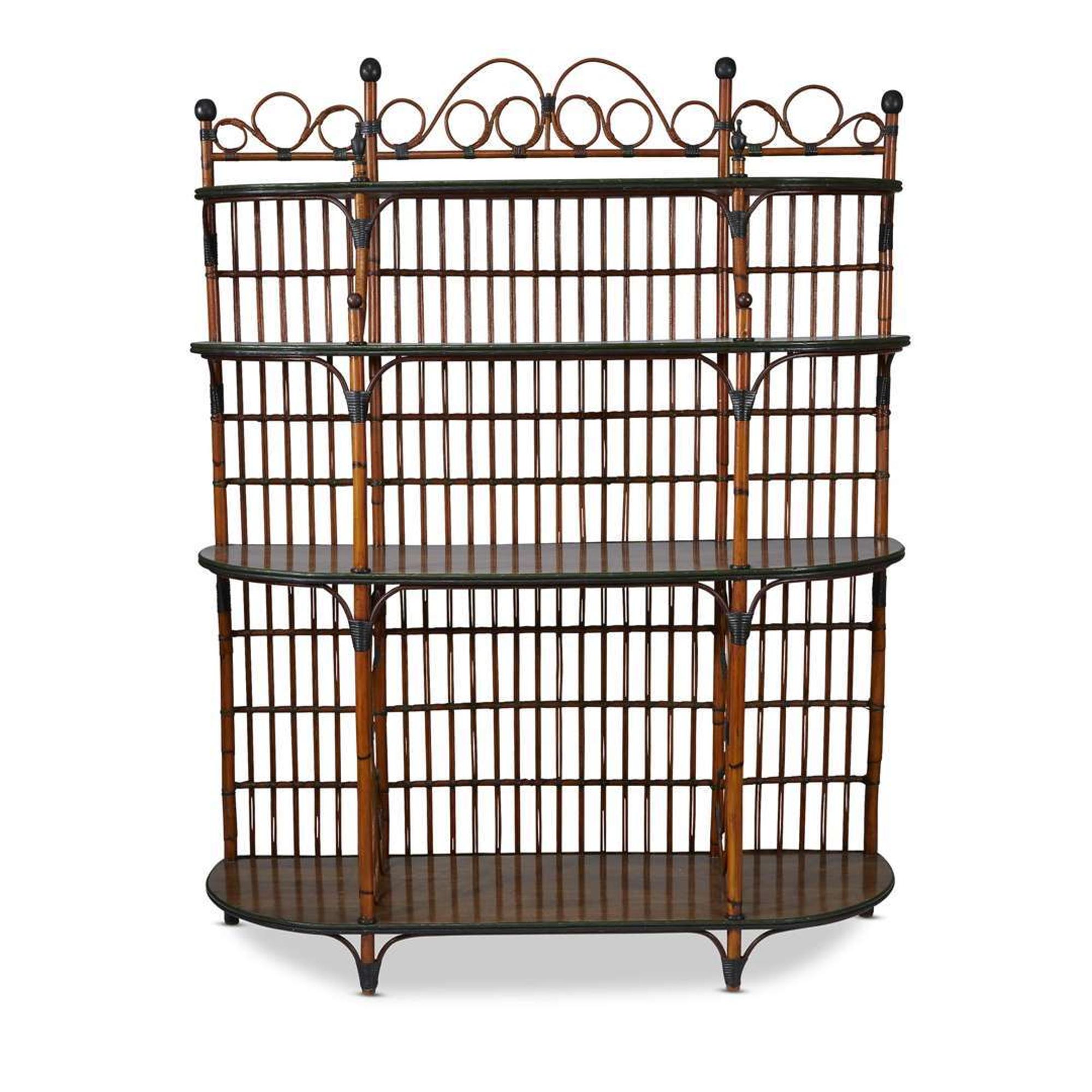 A polychrome painted rattan and oak étagère american, circa 1900