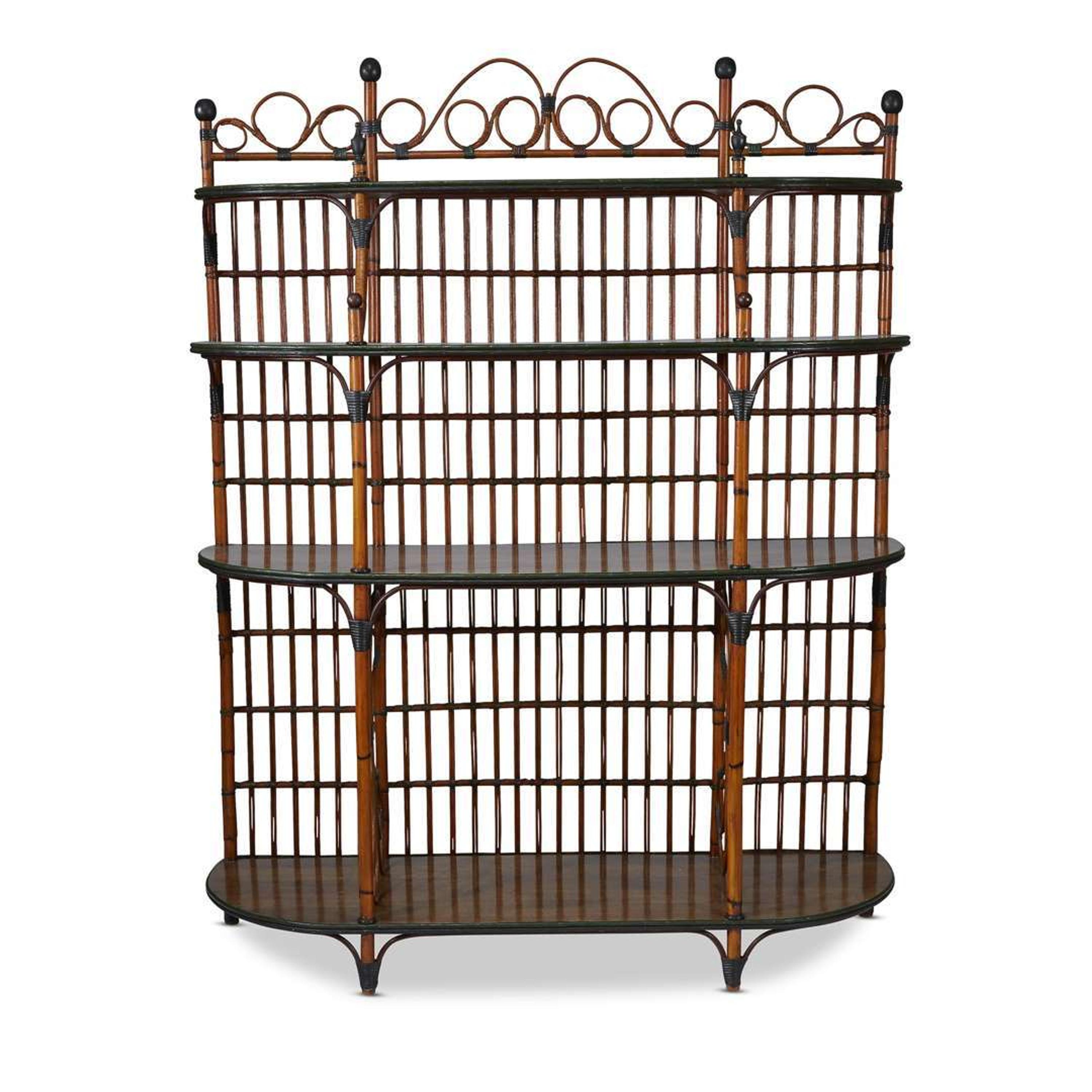 A polychrome painted rattan and oak étagère american, circa 1900