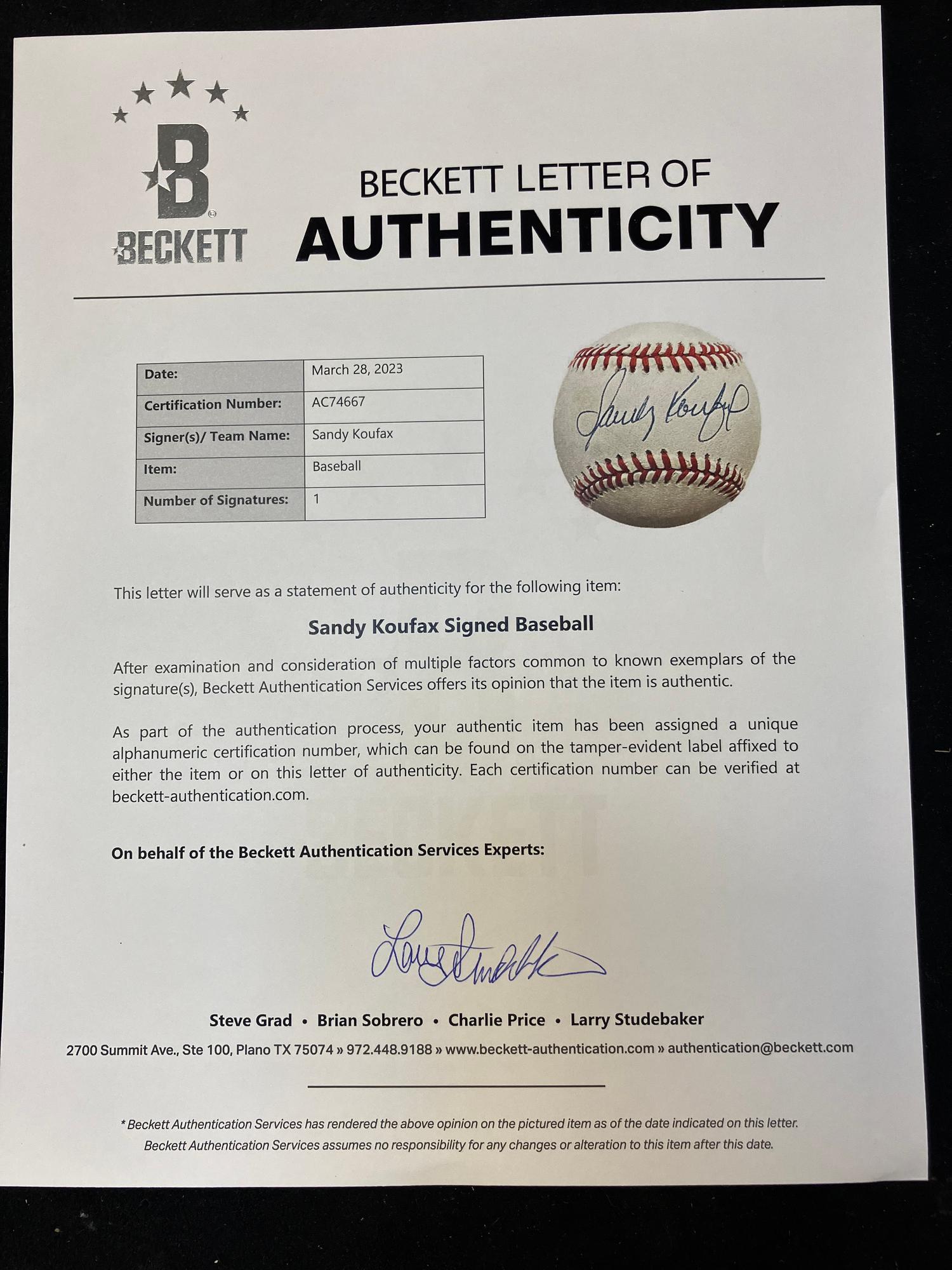 A Sandy Koufax Single Signed Autograph Baseball (Beckett Authentication Services Letter)