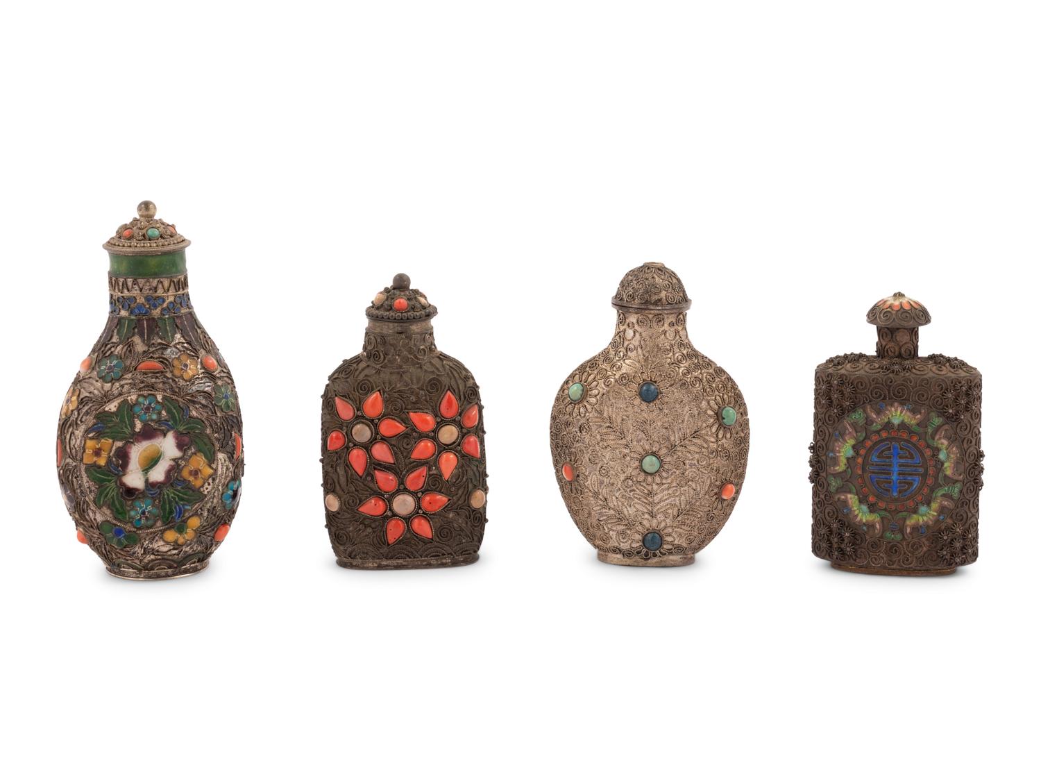 Four Chinese Silvered Metal Snuff Bottles