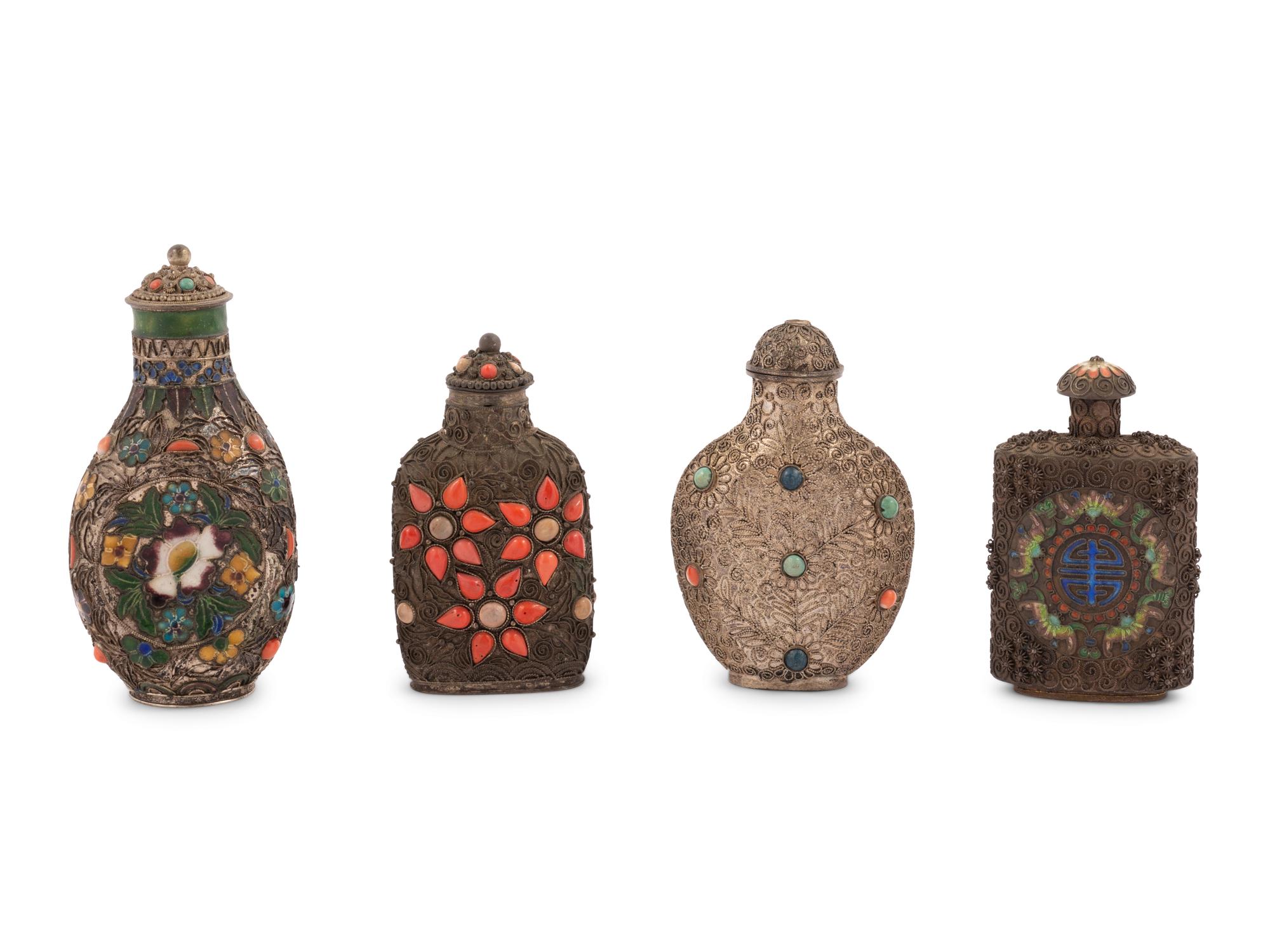 Four Chinese Silvered Metal Snuff Bottles