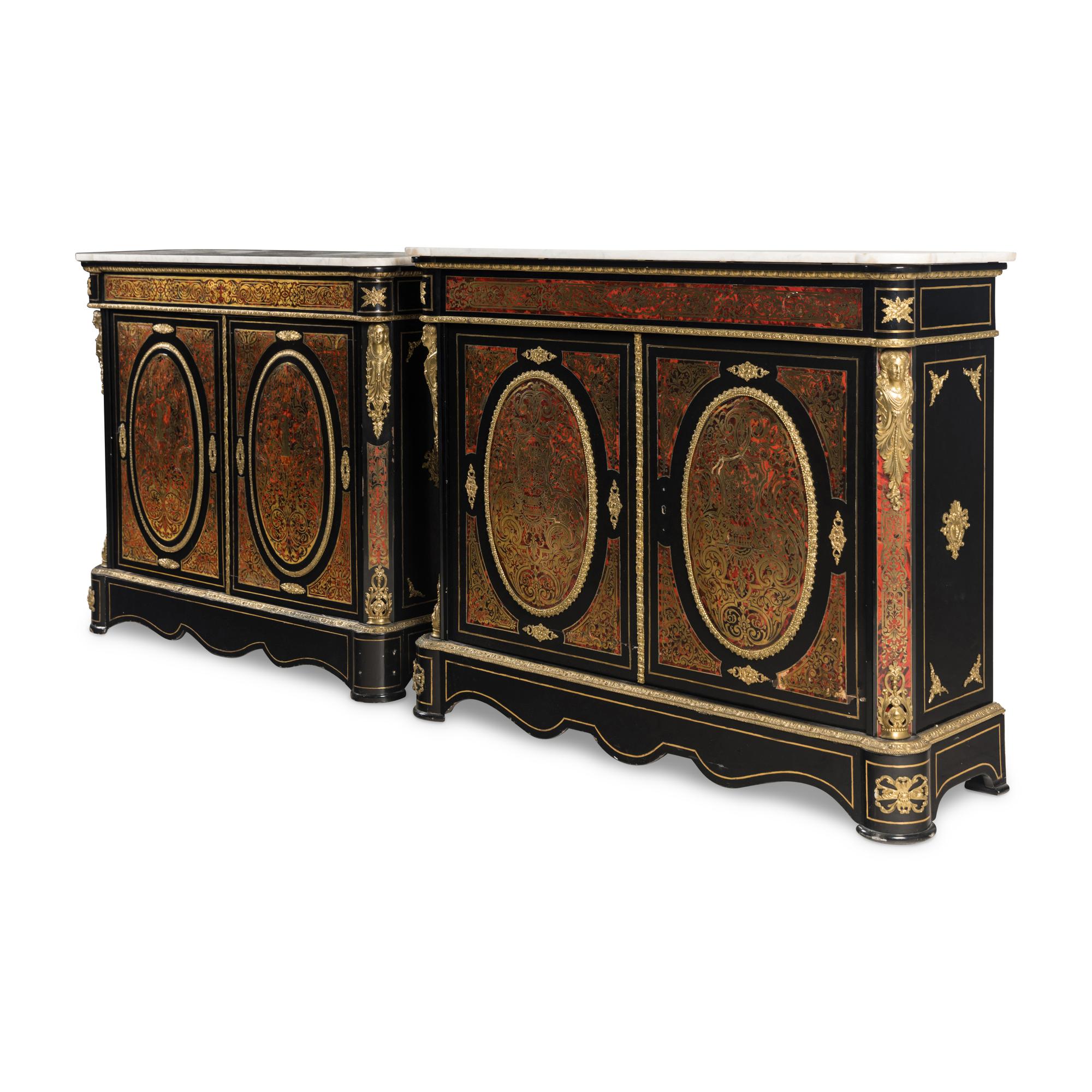 A Near Pair of Napoleon III Boulle Marquetry Marble-Top Side Cabinets