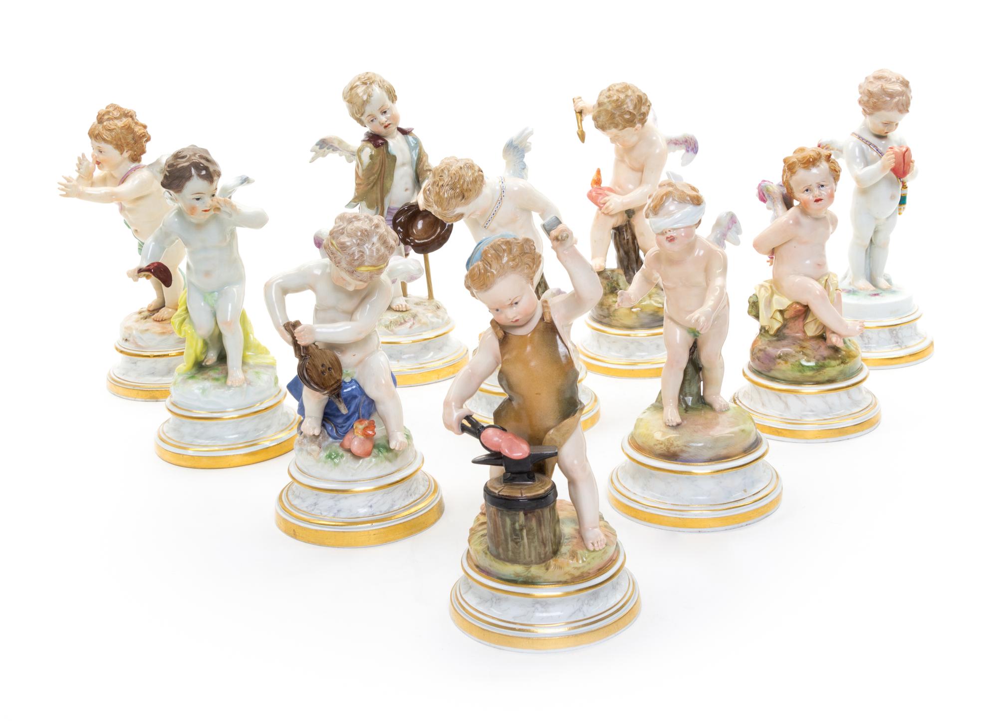 A Set of Ten Meissen Porcelain Allegorical Figures Height of tallest 7 1/2 inches.