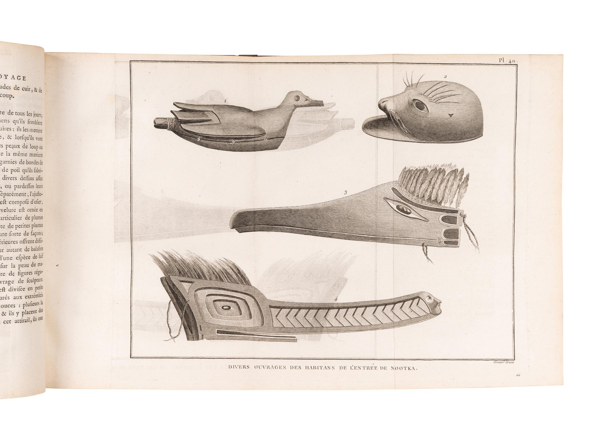 [EXPLORATION -- PACIFIC]. COOK, Capt. James (1728-1779), and Capt. James KING (1750-1784). [Third voyage]. Troisieme voyage de Cook, ou voyage a l'ocean Pacifique... pour faire des decouvertes dans l'hemisphre nord, pour determiner la position & le'tendue de la cote ouest de l'Amerique Septentrionale, sa distance de l'Asie, & resoudre la question du passage au nord. Execute sous la direction des Capitaines Cook, Clerke & Gore, sur les vaisseaux la Resolution & la Decouverte, en 1776, 1777, 1778, 1779 & 1780 . Translated from English into French by Jean Nicholas Demunier. Paris: Hotel de Thou, 1785.